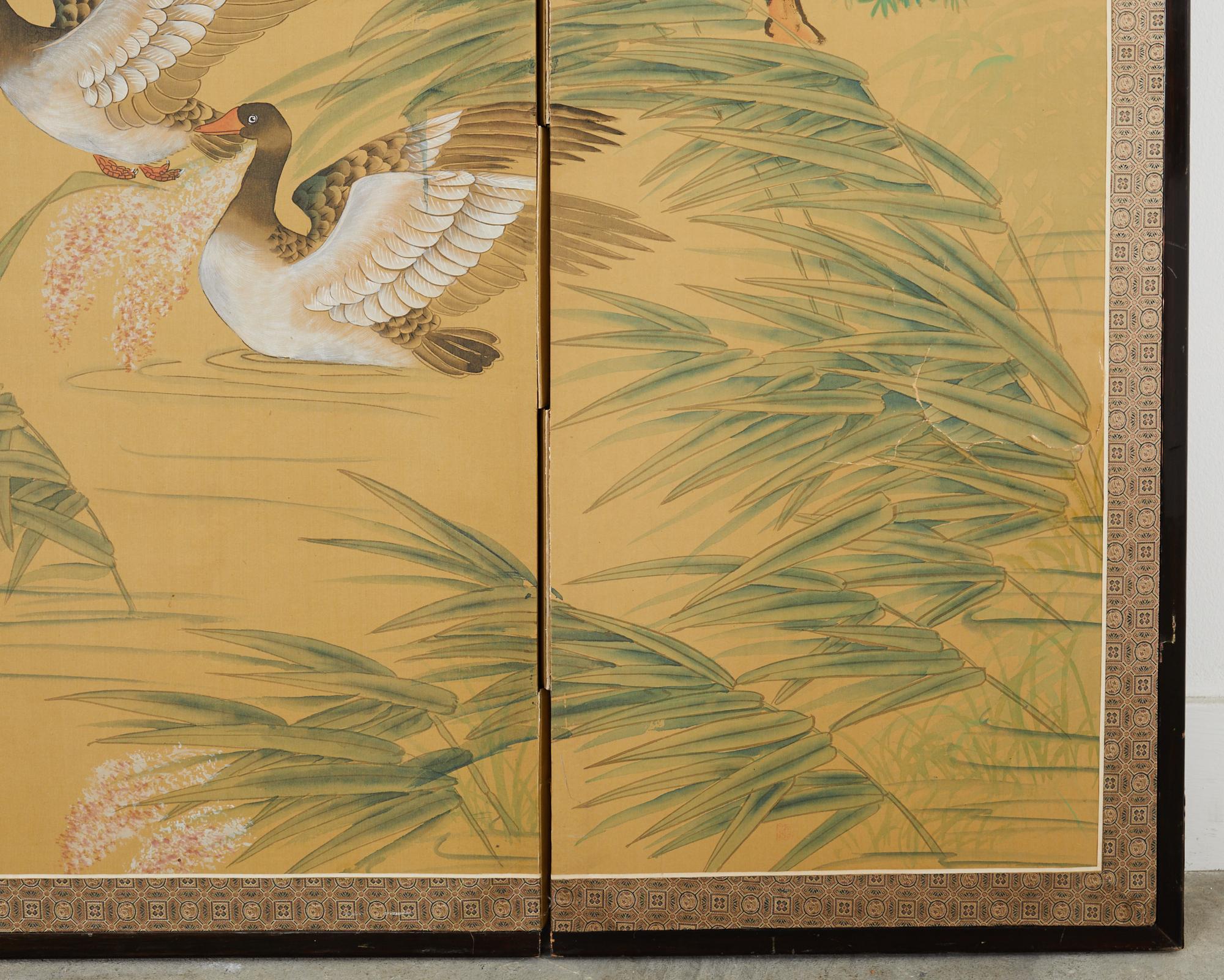 Japanese Style Four Panel Screen Geese Flight Over Reeds For Sale 4