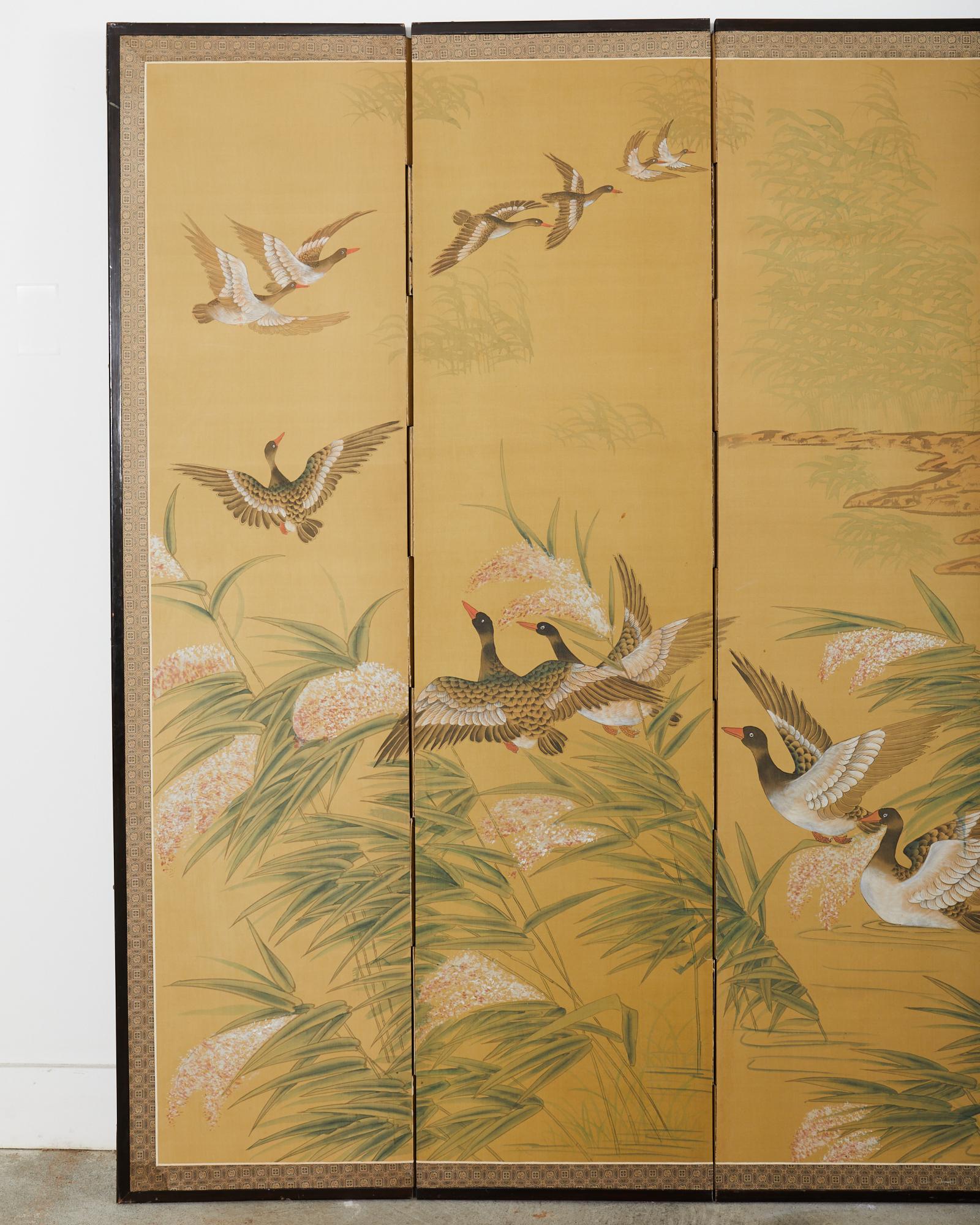 Showa Paravent à quatre panneaux de style japonais Vol d'oies au-dessus des roseaux
