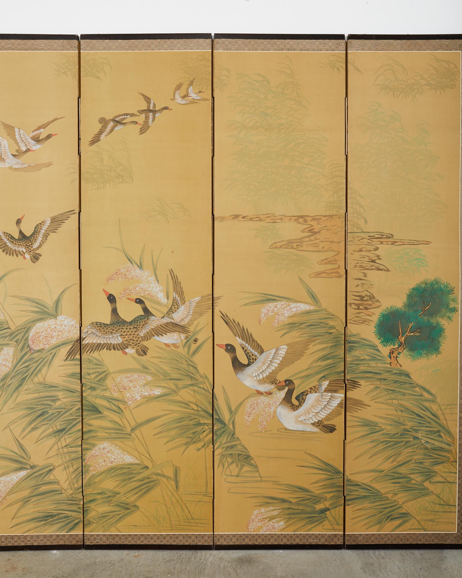 Coréen Paravent à quatre panneaux de style japonais Vol d'oies au-dessus des roseaux