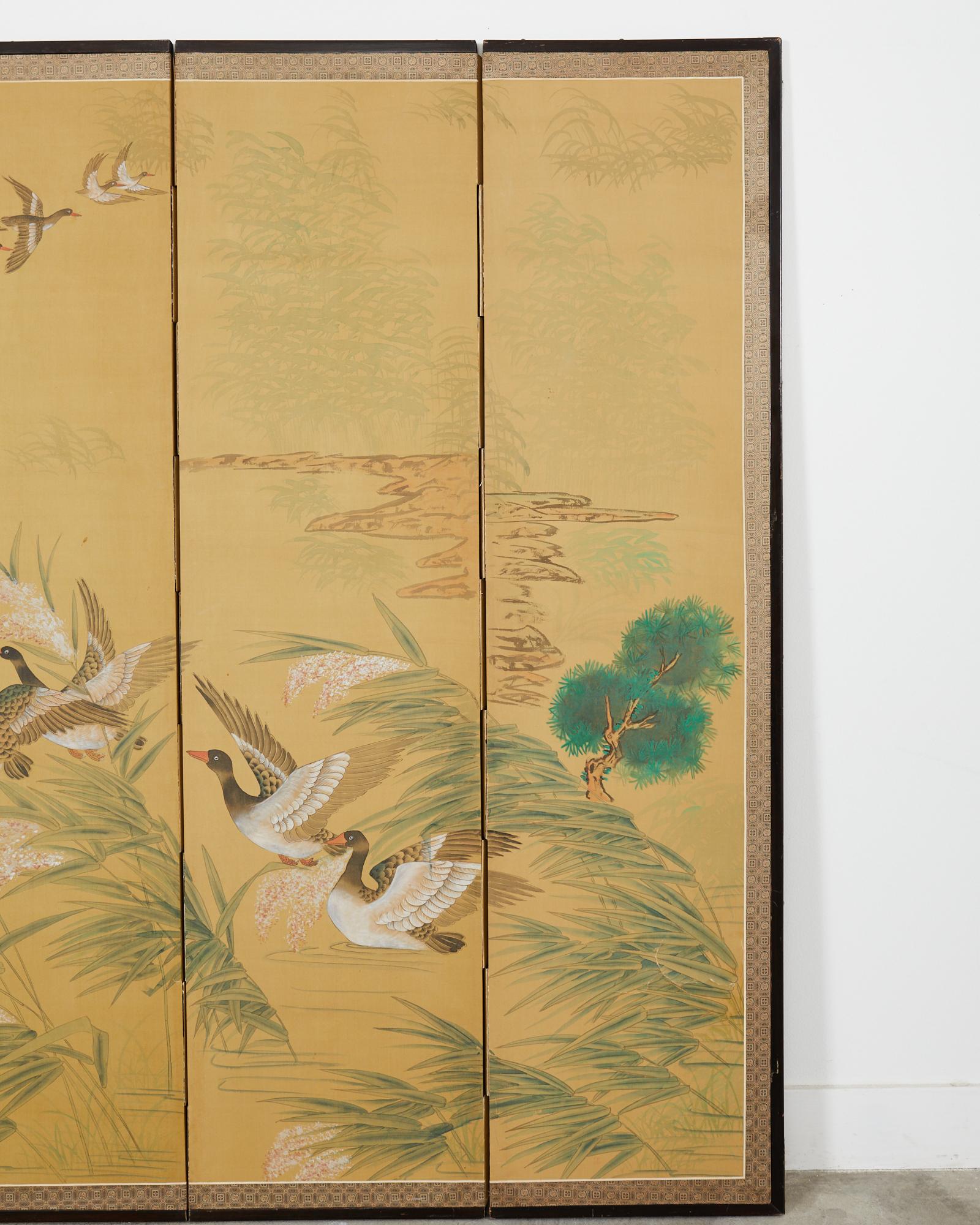 Korean Japanese Style Four Panel Screen Geese Flight Over Reeds For Sale