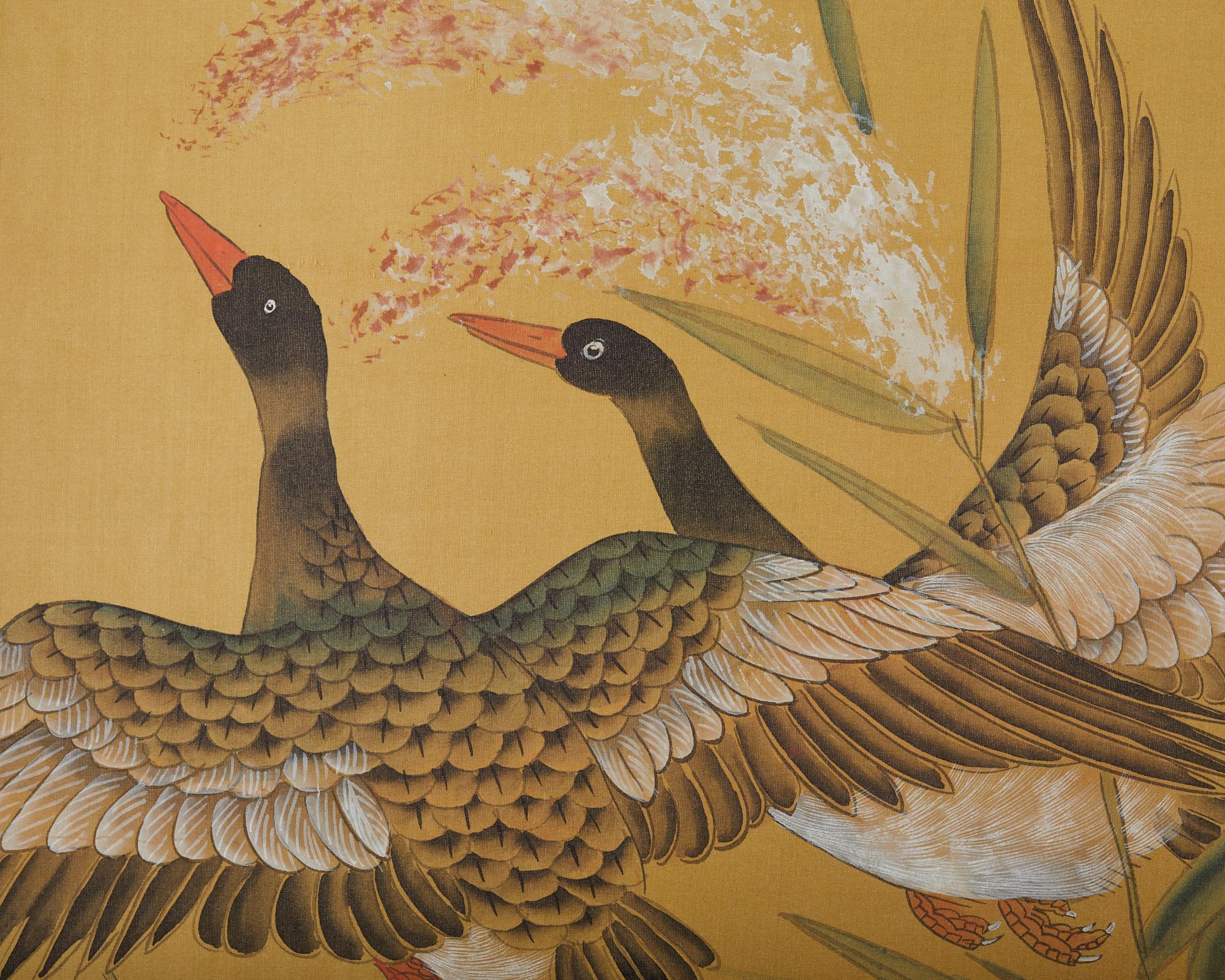 Lacquered Japanese Style Four Panel Screen Geese Flight Over Reeds For Sale