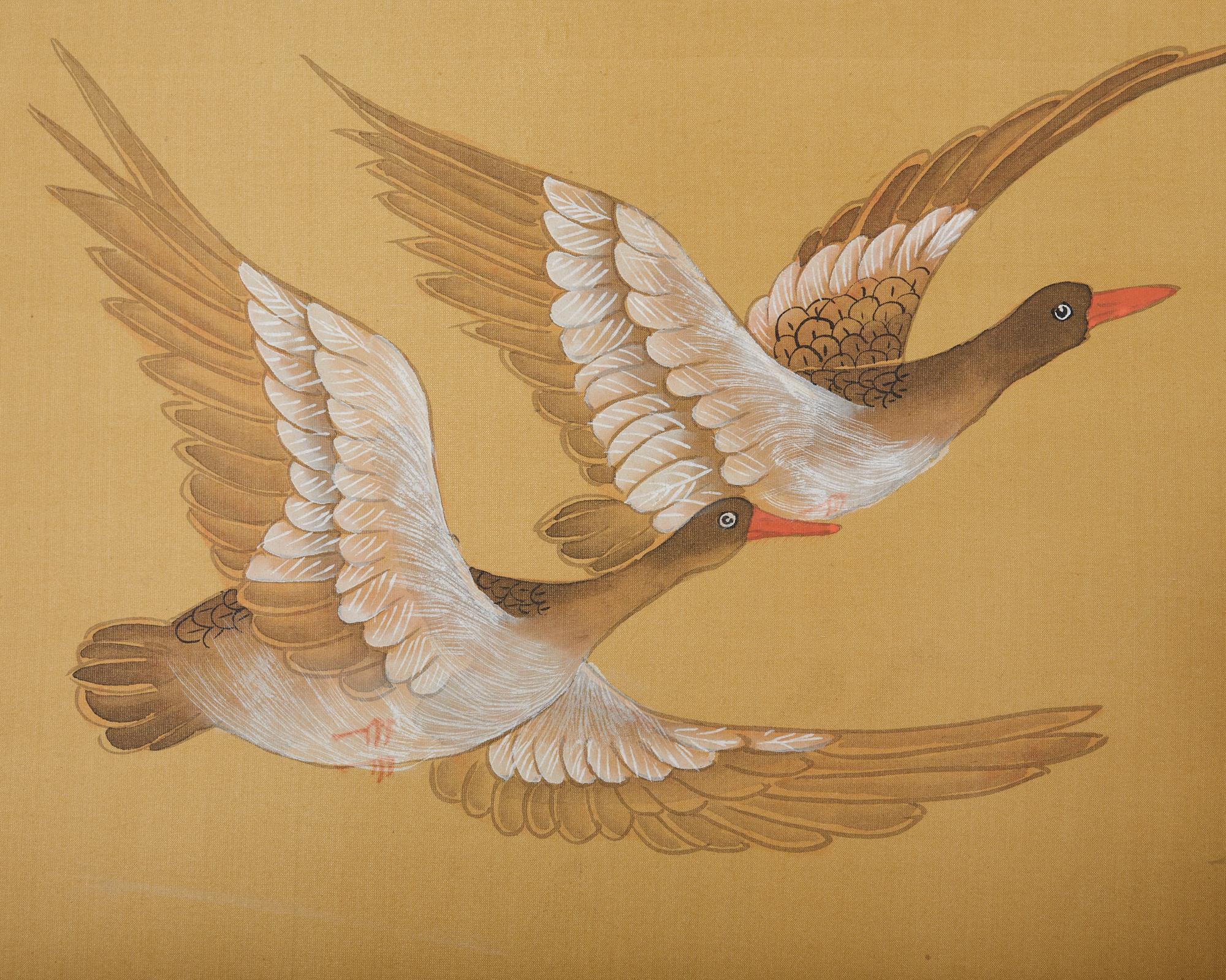 20ième siècle Paravent à quatre panneaux de style japonais Vol d'oies au-dessus des roseaux