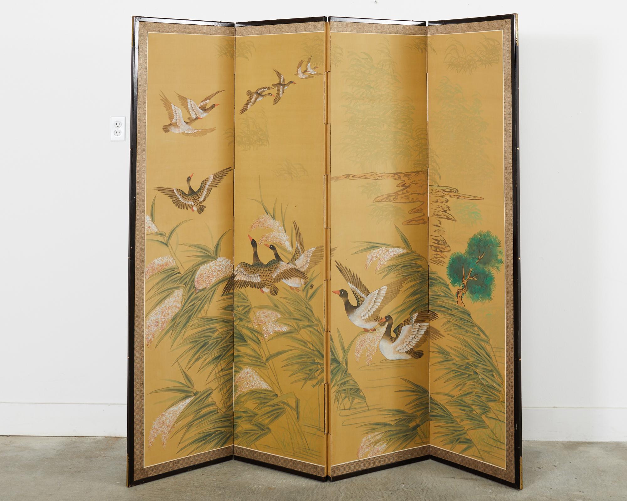 20th Century Japanese Style Four Panel Screen Geese Flight Over Reeds For Sale