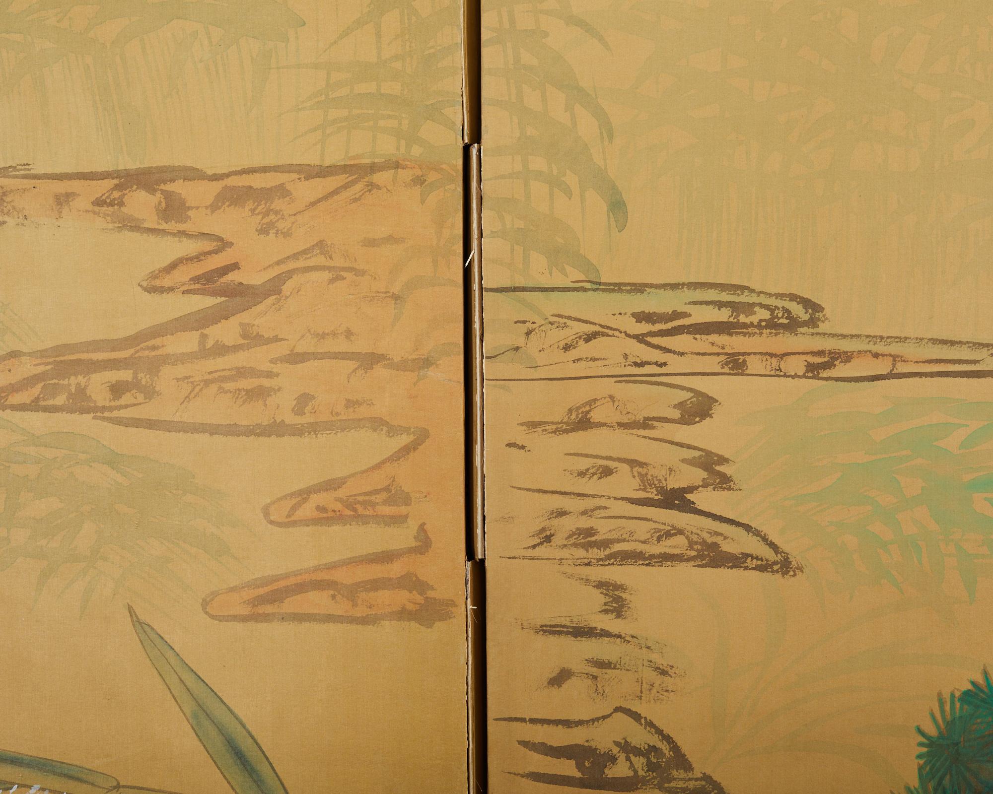 Silk Japanese Style Four Panel Screen Geese Flight Over Reeds For Sale