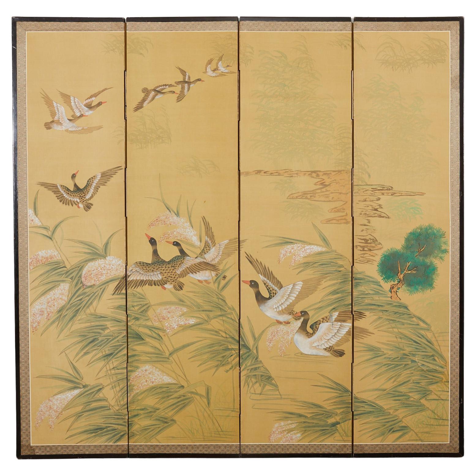Japanese Style Four Panel Screen Geese Flight Over Reeds For Sale