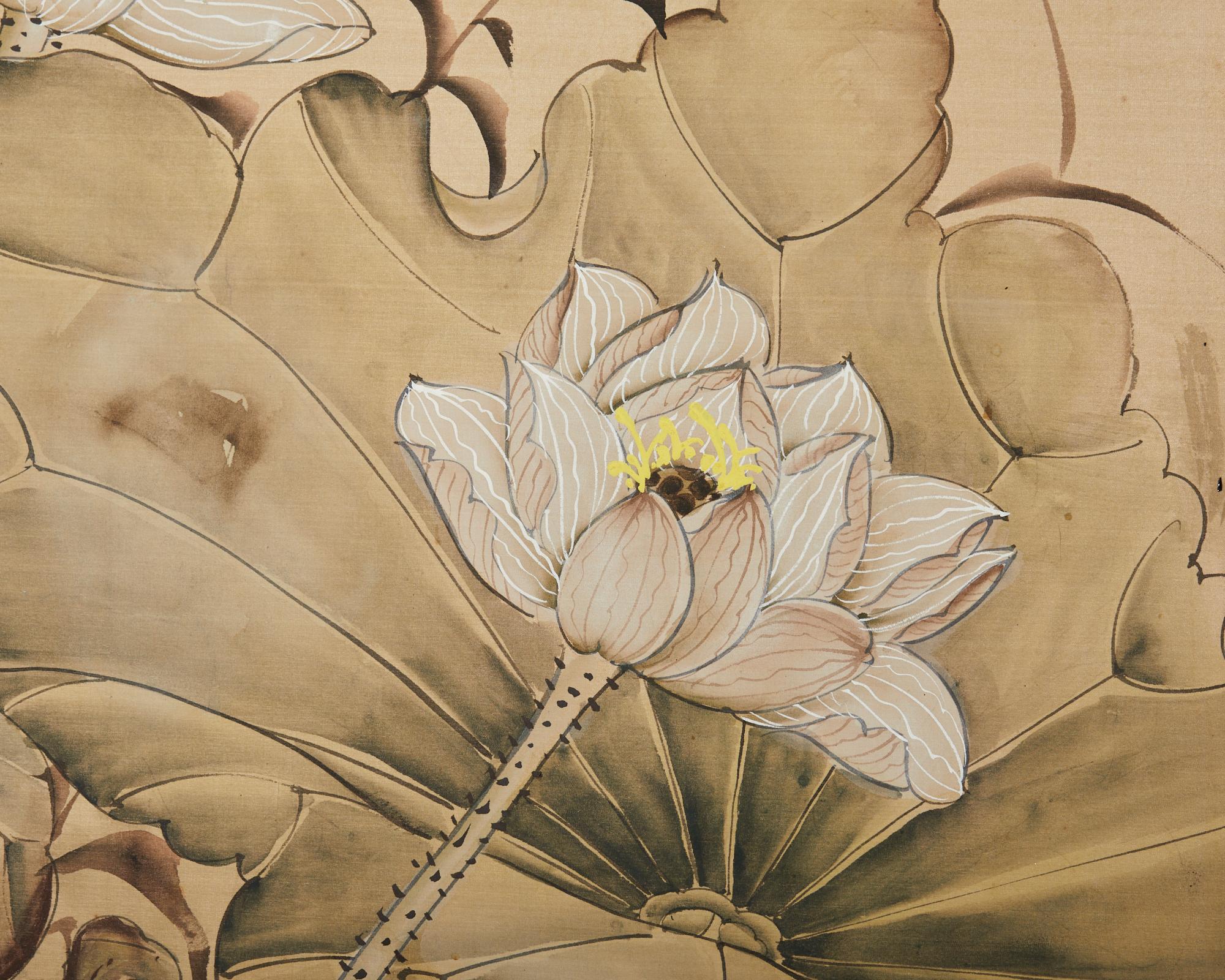 Vierteiliger Raumteiler im japanischen Stil mit Lotusmuster und schneeisernen Egrets im Angebot 2
