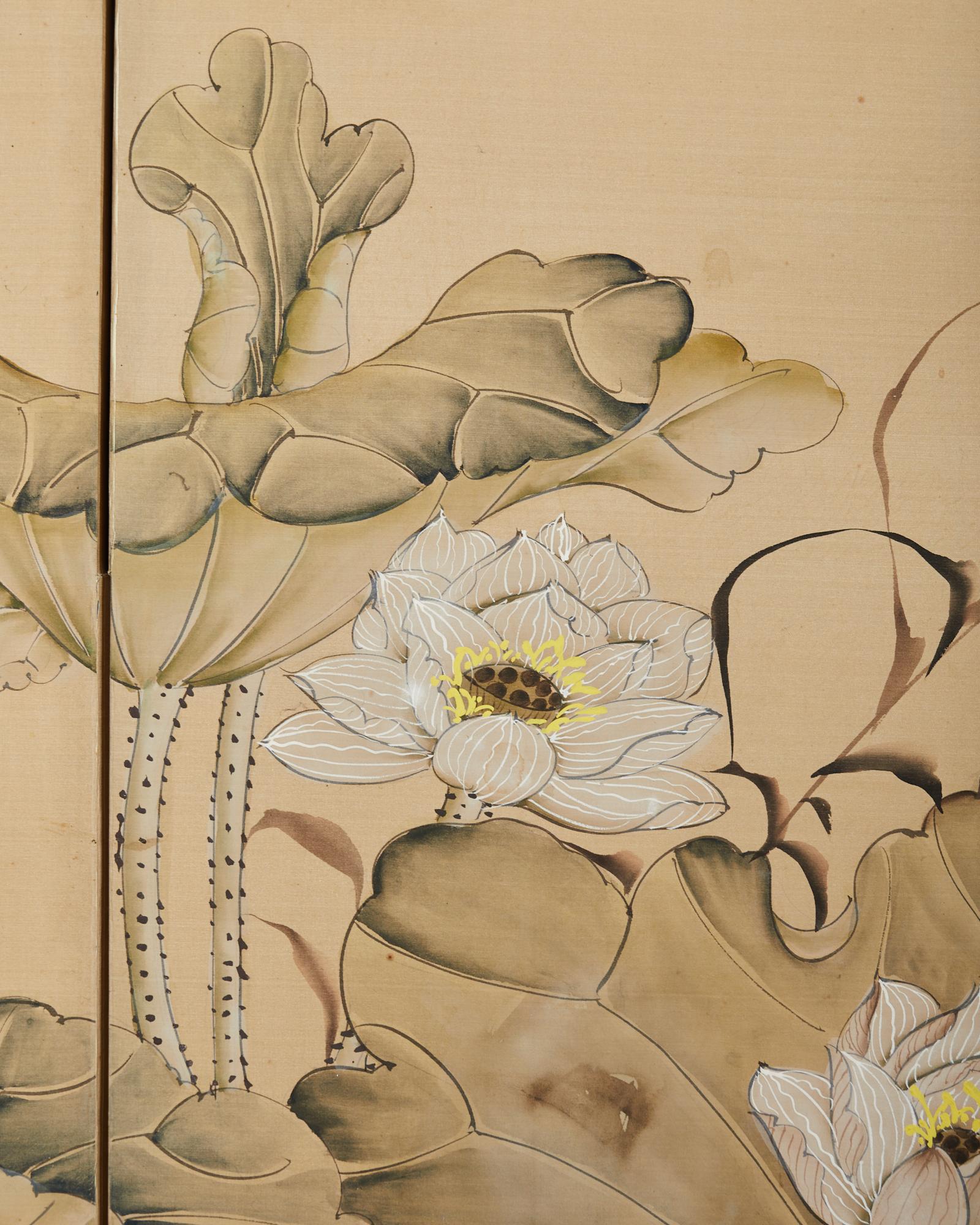 Vierteiliger Raumteiler im japanischen Stil mit Lotusmuster und schneeisernen Egrets im Angebot 3