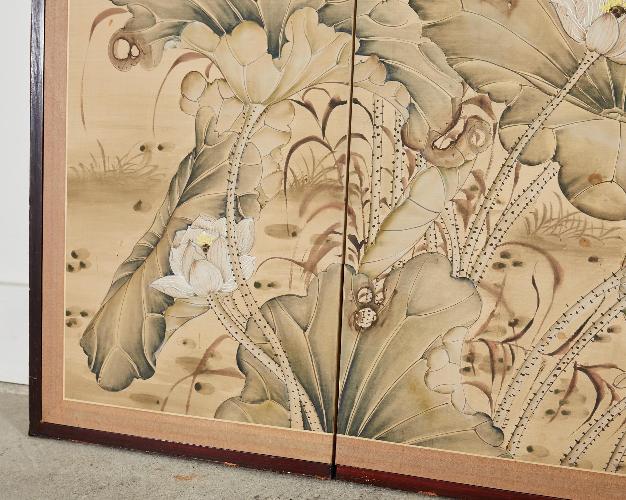 Japanese Style Four Panel Screen Lotus with Snowy Egrets For Sale 5