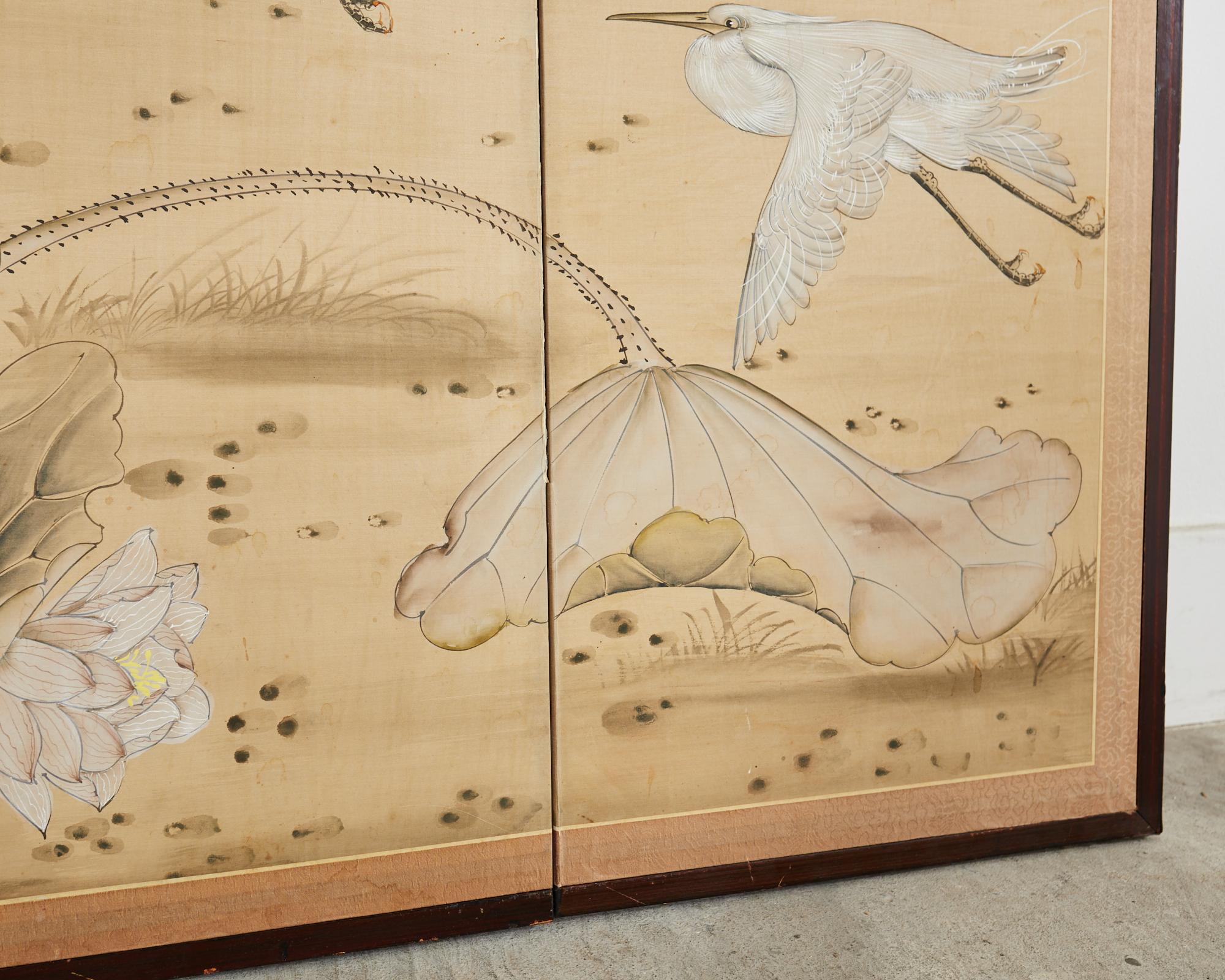 Japanese Style Four Panel Screen Lotus with Snowy Egrets For Sale 6