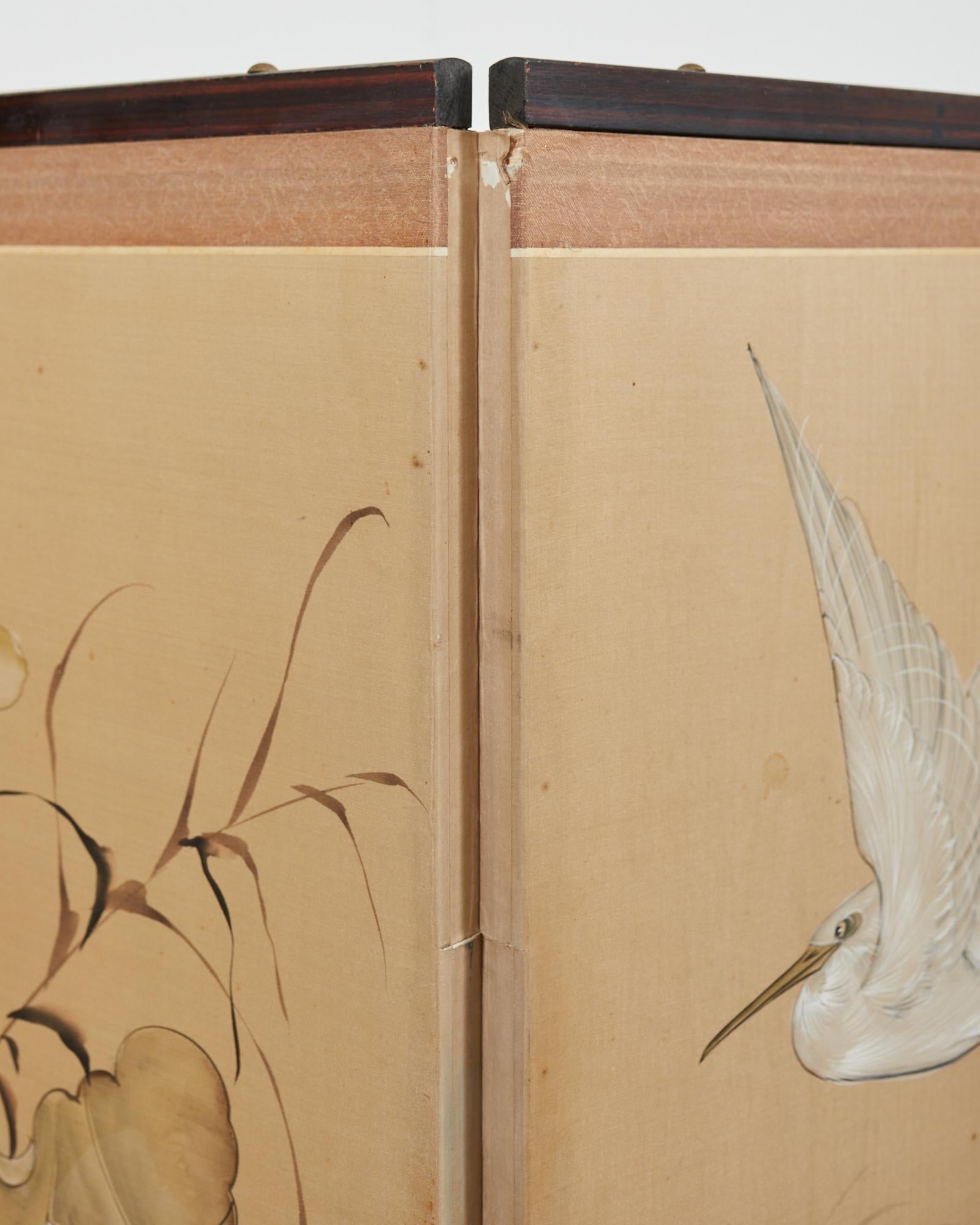 Vierteiliger Raumteiler im japanischen Stil mit Lotusmuster und schneeisernen Egrets im Angebot 10