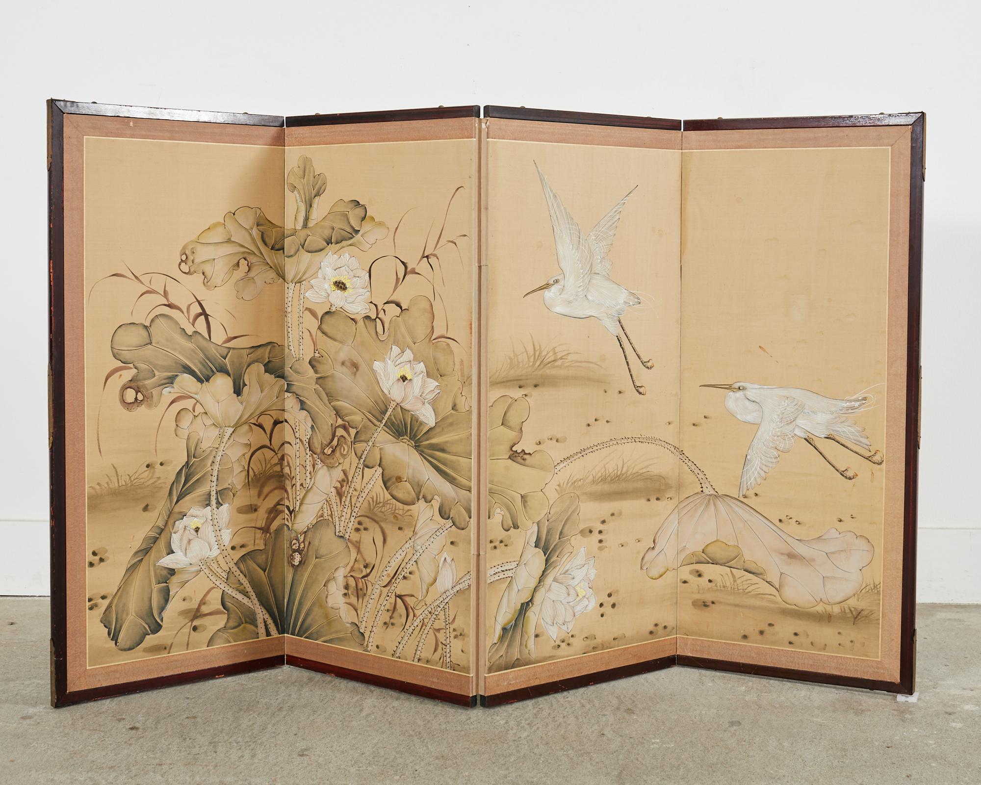 Showa Japanese Style Four Panel Screen Lotus with Snowy Egrets For Sale