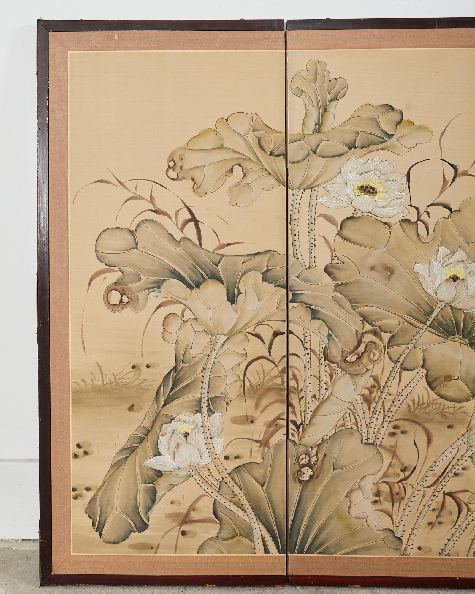 Chinese Japanese Style Four Panel Screen Lotus with Snowy Egrets For Sale