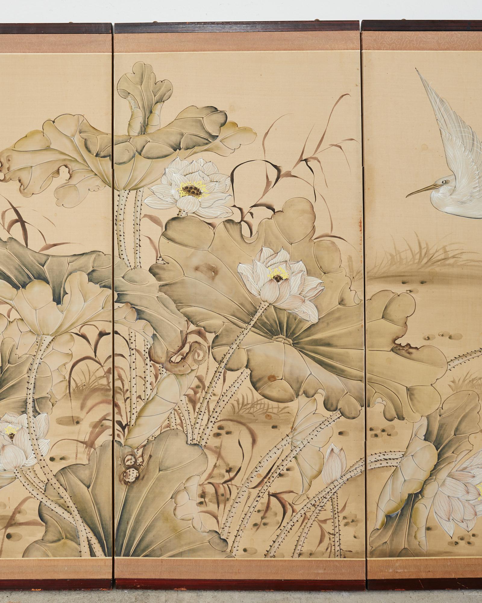 Hand-Crafted Japanese Style Four Panel Screen Lotus with Snowy Egrets For Sale