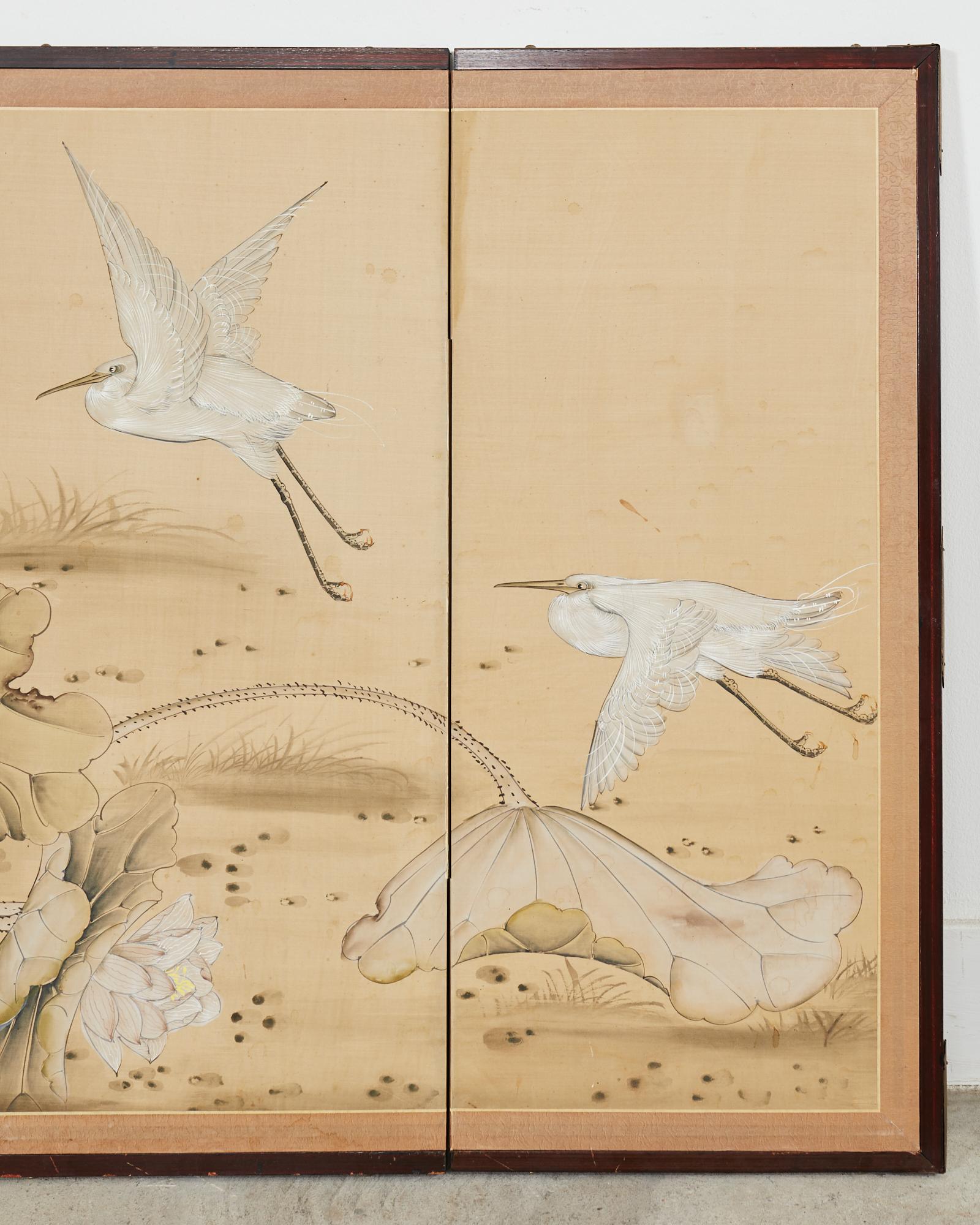 20th Century Japanese Style Four Panel Screen Lotus with Snowy Egrets For Sale