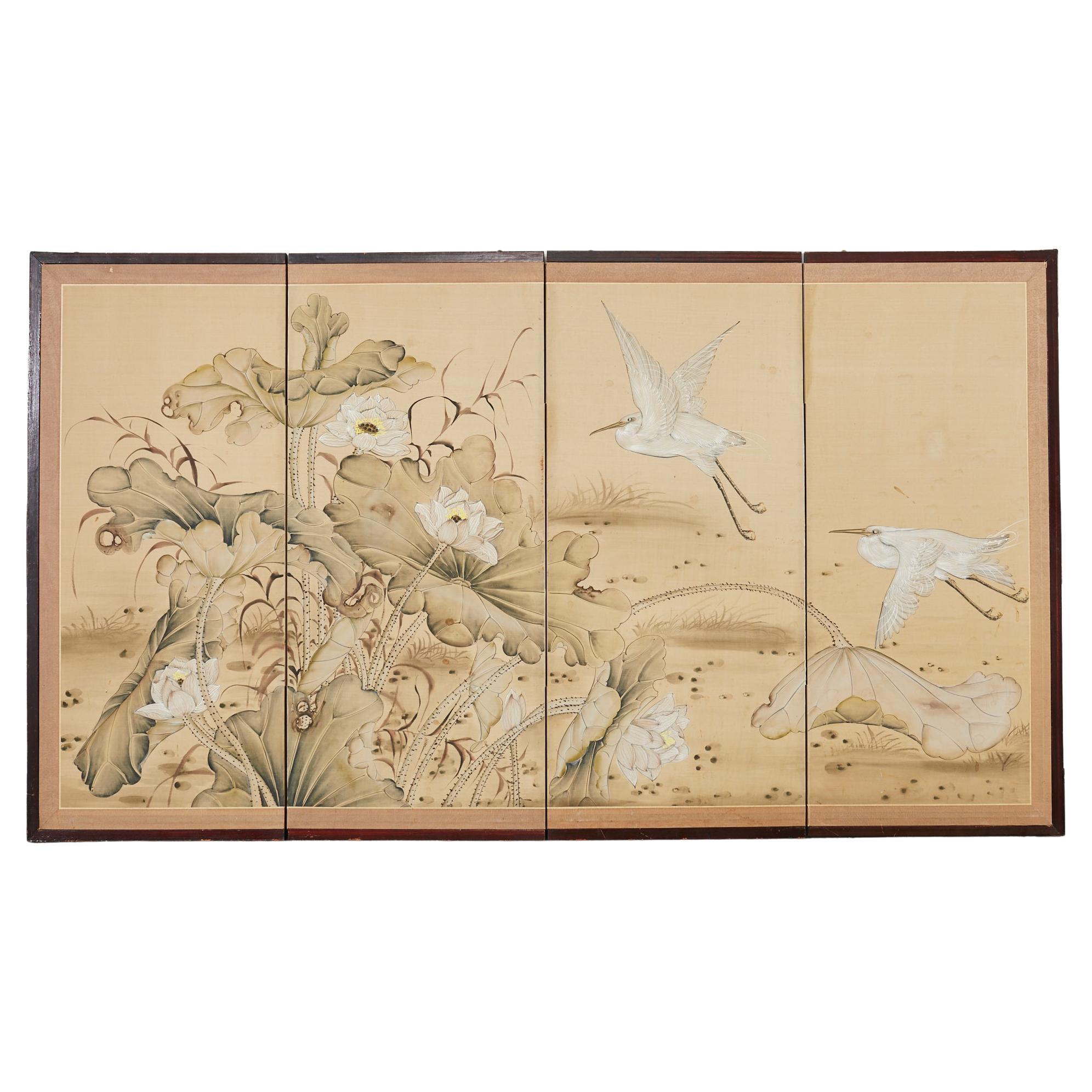 Vierteiliger Raumteiler im japanischen Stil mit Lotusmuster und schneeisernen Egrets im Angebot