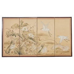 Used Japanese Style Four Panel Screen Lotus with Snowy Egrets