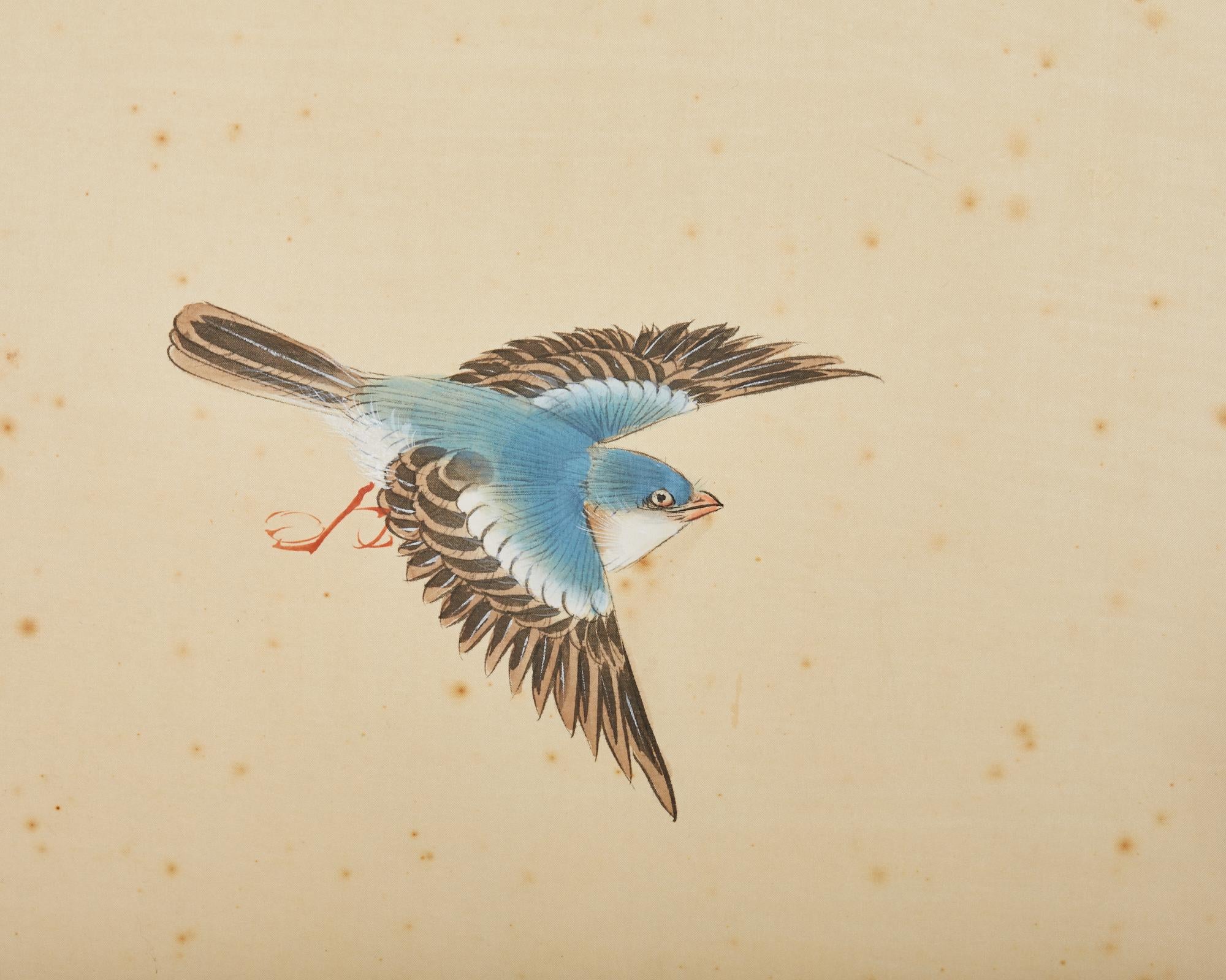Écran à quatre panneaux de style japonais avec oiseaux chanteurs en vente 5
