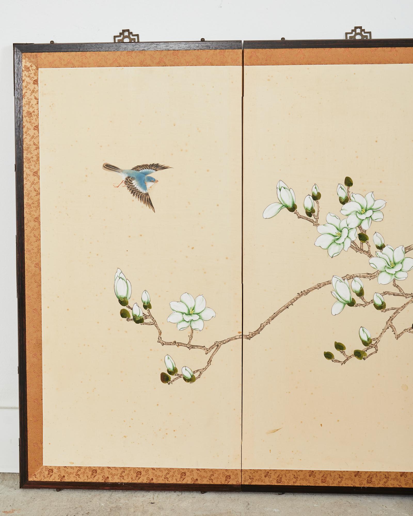 Showa Japanese Style Four Panel Screen Magnolia Tree with Song Birds For Sale