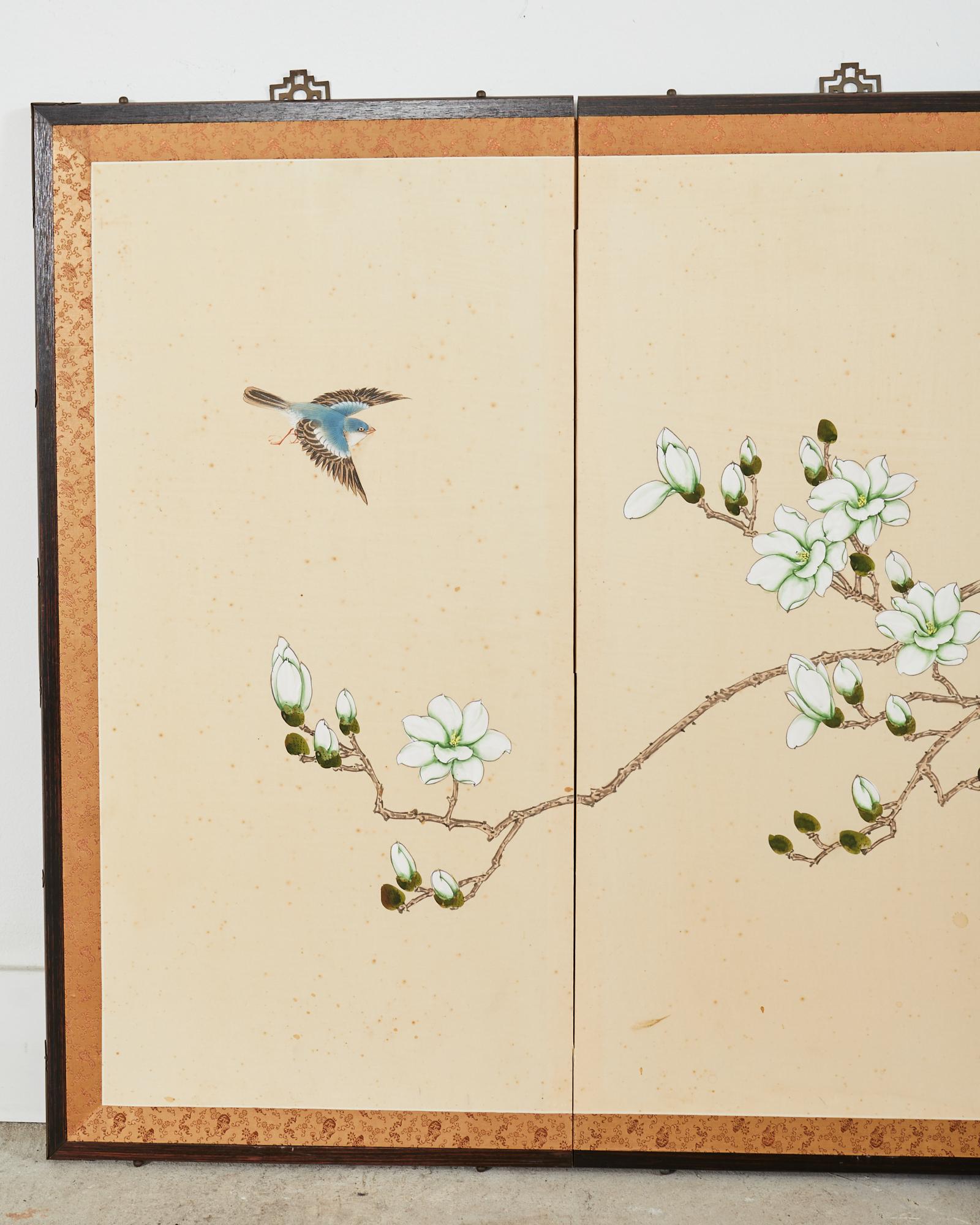 Showa Paravento a quattro pannelli in stile giapponese Albero di magnolia con uccelli canori