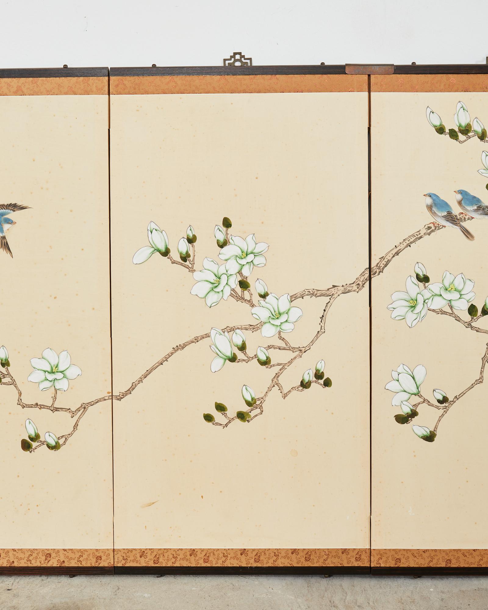 Chinese Japanese Style Four Panel Screen Magnolia Tree with Song Birds For Sale