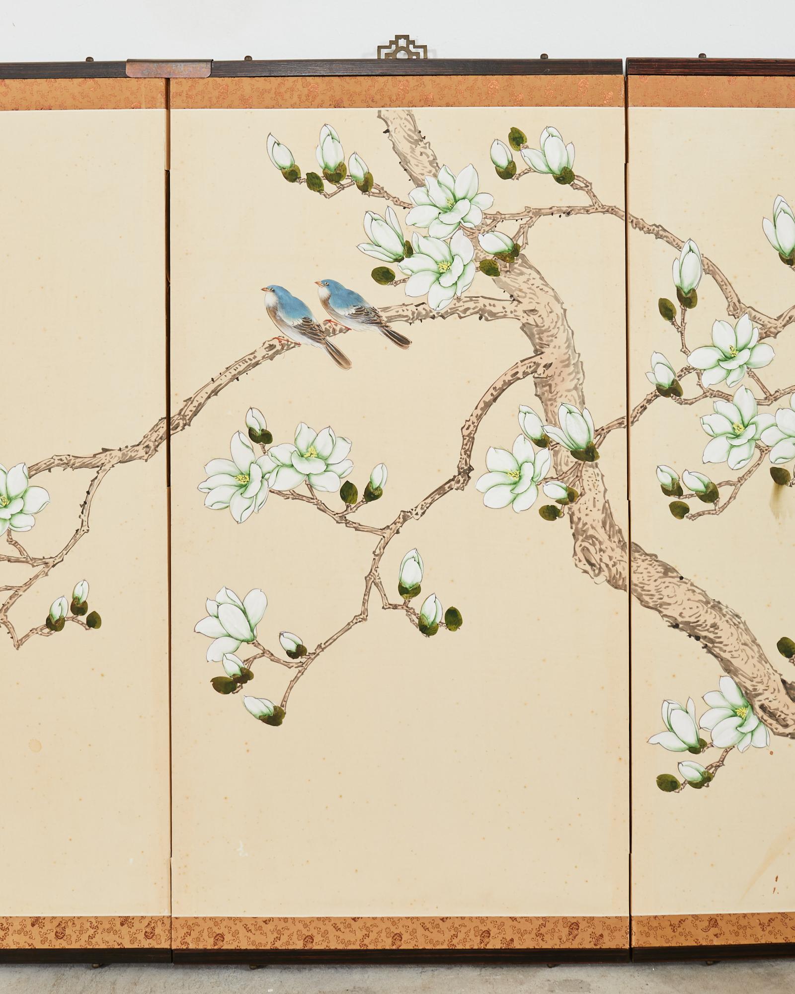 Hand-Crafted Japanese Style Four Panel Screen Magnolia Tree with Song Birds For Sale