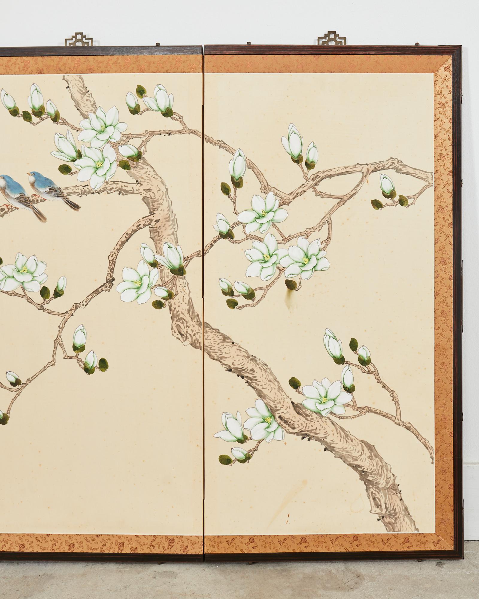 Japanese Style Four Panel Screen Magnolia Tree with Song Birds In Good Condition For Sale In Rio Vista, CA
