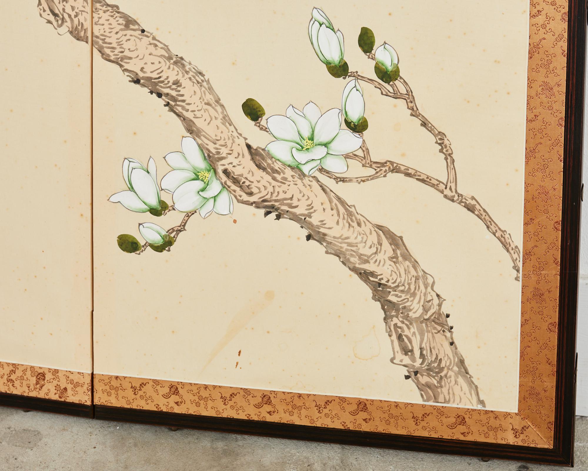 Brass Japanese Style Four Panel Screen Magnolia Tree with Song Birds For Sale