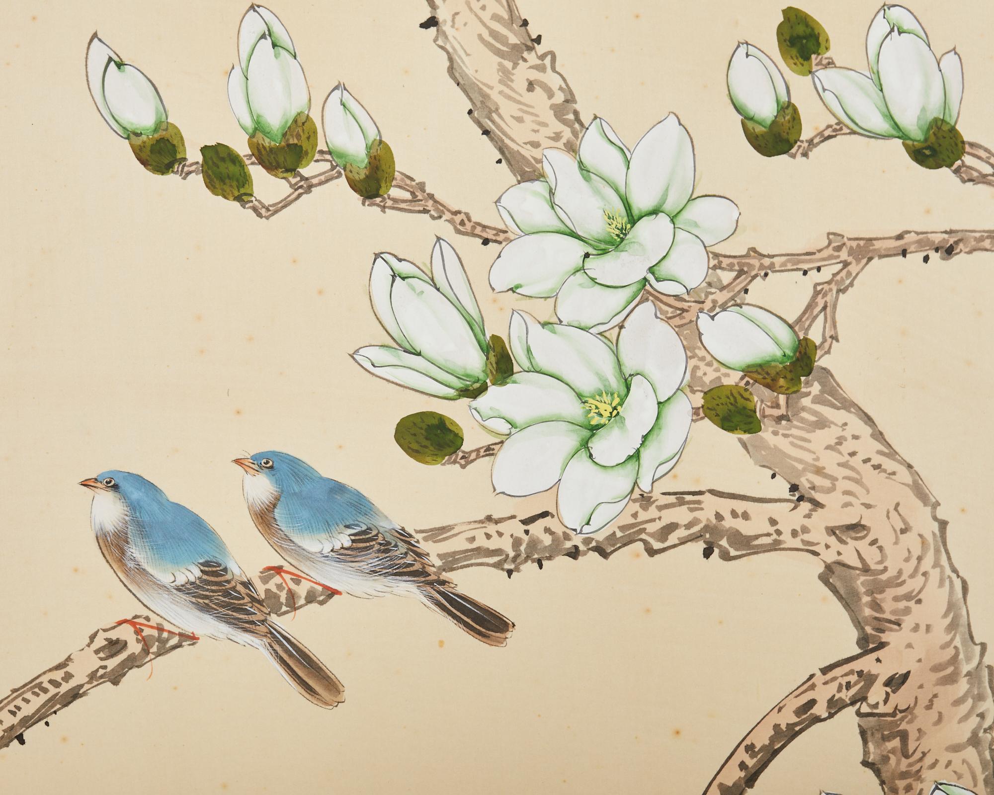 Écran à quatre panneaux de style japonais avec oiseaux chanteurs en vente 1
