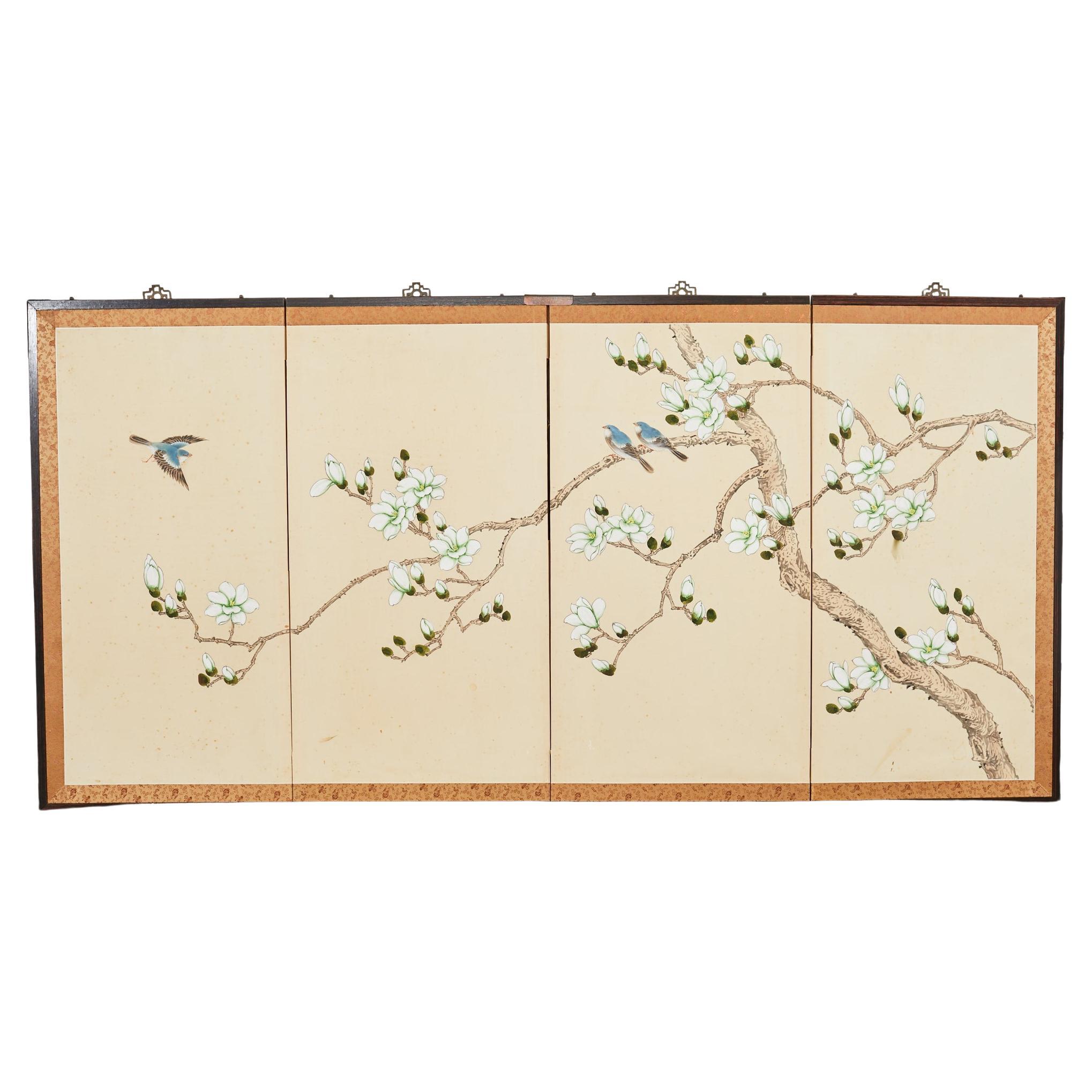 Japanese Style Four Panel Screen Magnolia Tree with Song Birds