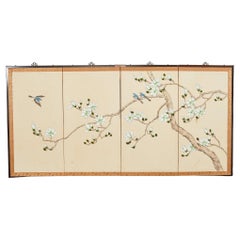 Antique Japanese Style Four Panel Screen Magnolia Tree with Song Birds