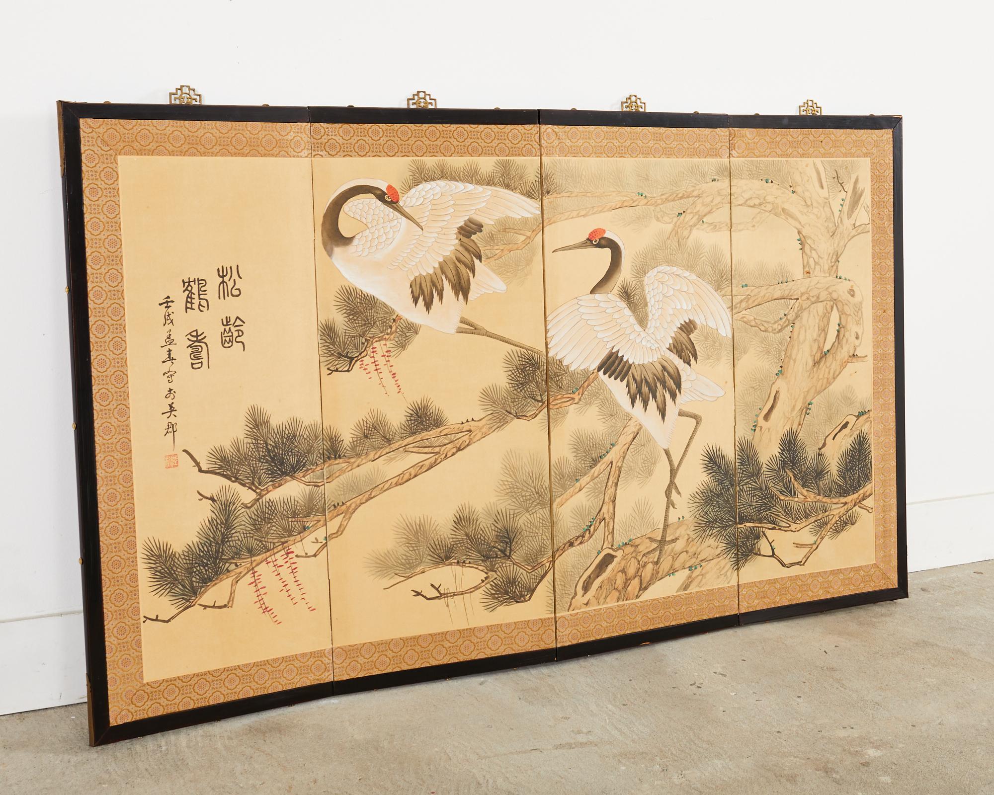 Japanese Style Four Panel Screen Manchurian Cranes in Pine For Sale 1
