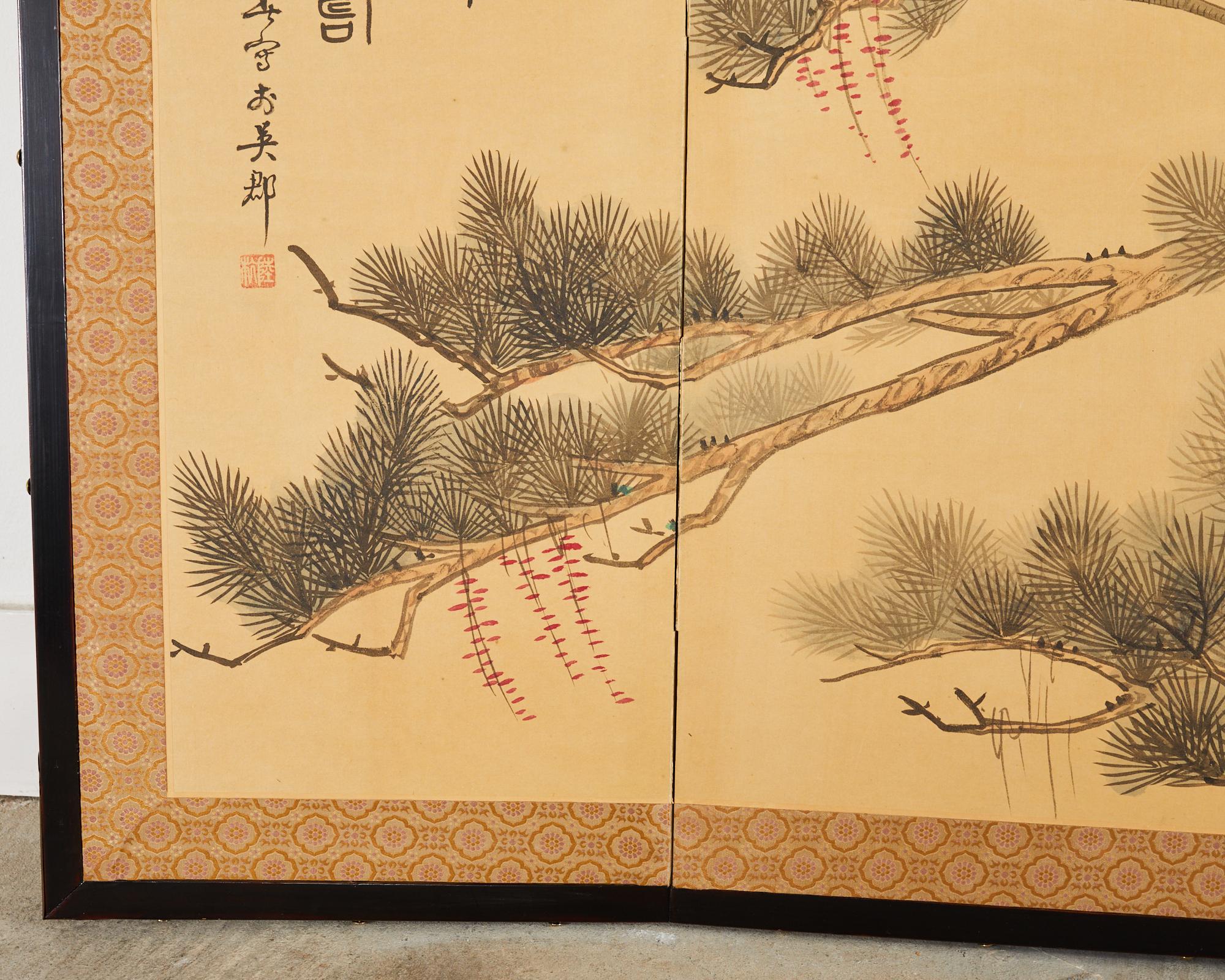 Paravent à quatre panneaux de style japonais Grues de Mandchourie en pin en vente 4