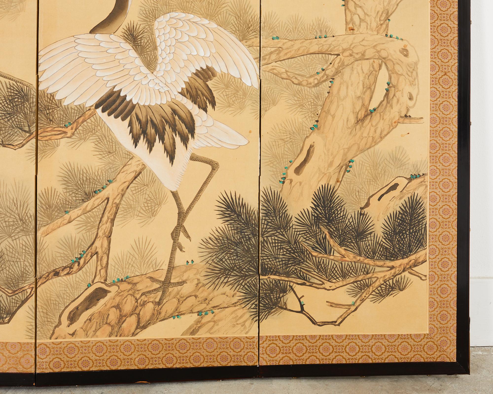 Japanese Style Four Panel Screen Manchurian Cranes in Pine For Sale 4
