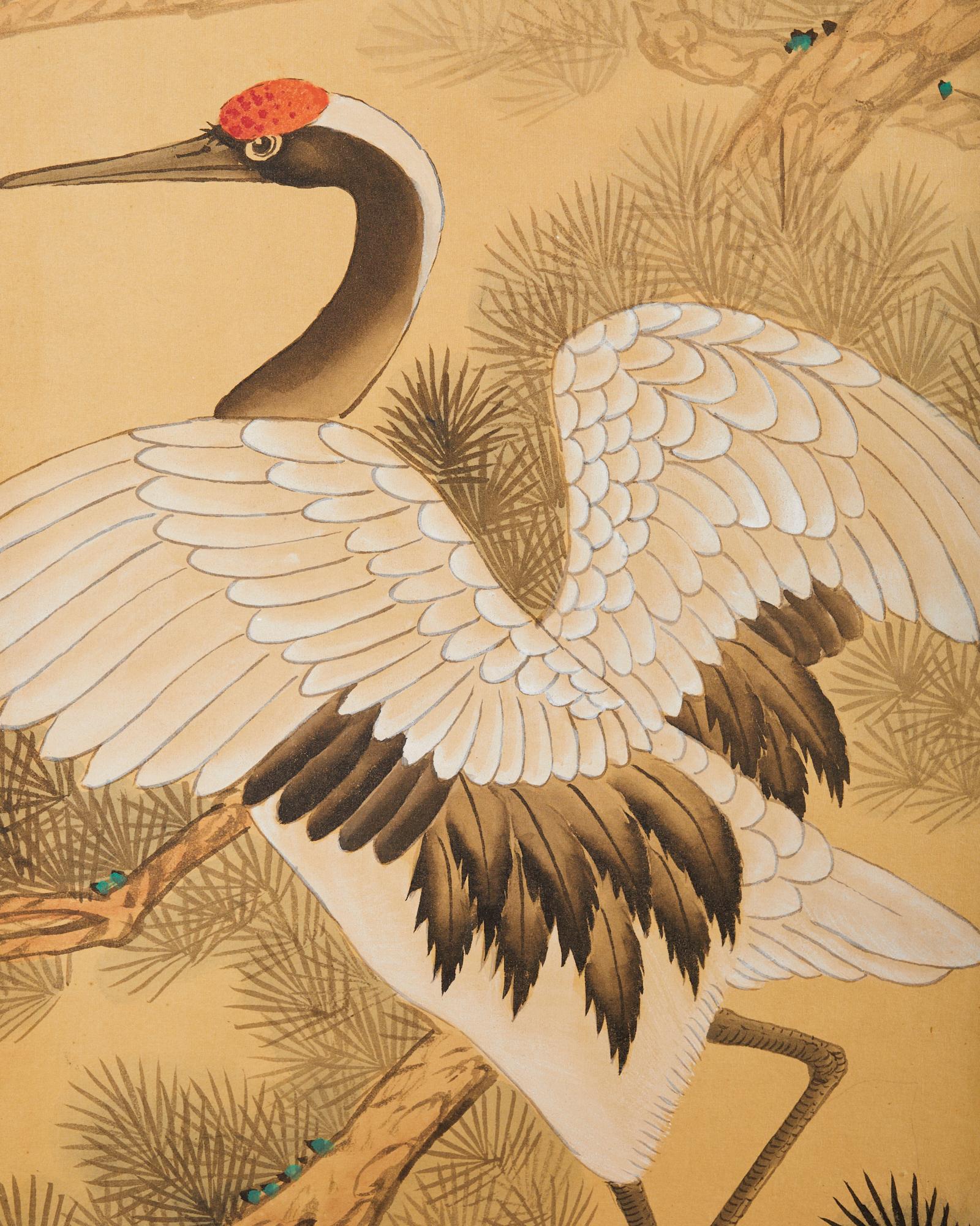 Japanischer Stil Vier Panel Bildschirm Manchurian Cranes in Kiefer im Angebot 6