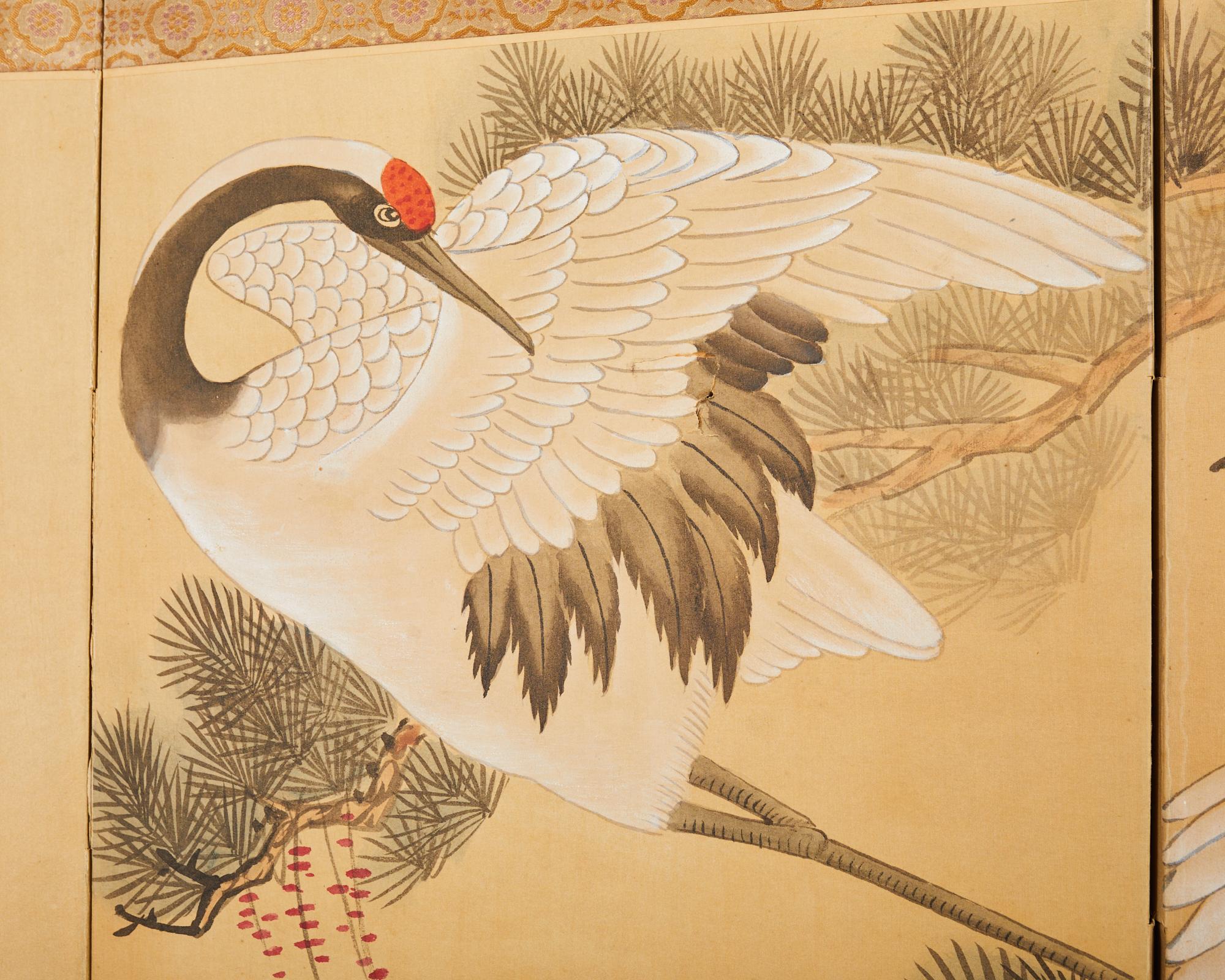 Japanischer Stil Vier Panel Bildschirm Manchurian Cranes in Kiefer im Angebot 7