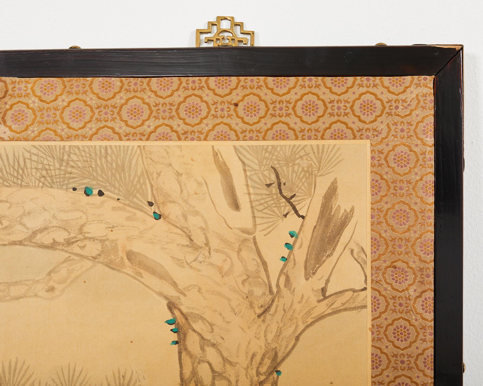 Paravent à quatre panneaux de style japonais Grues de Mandchourie en pin en vente 9