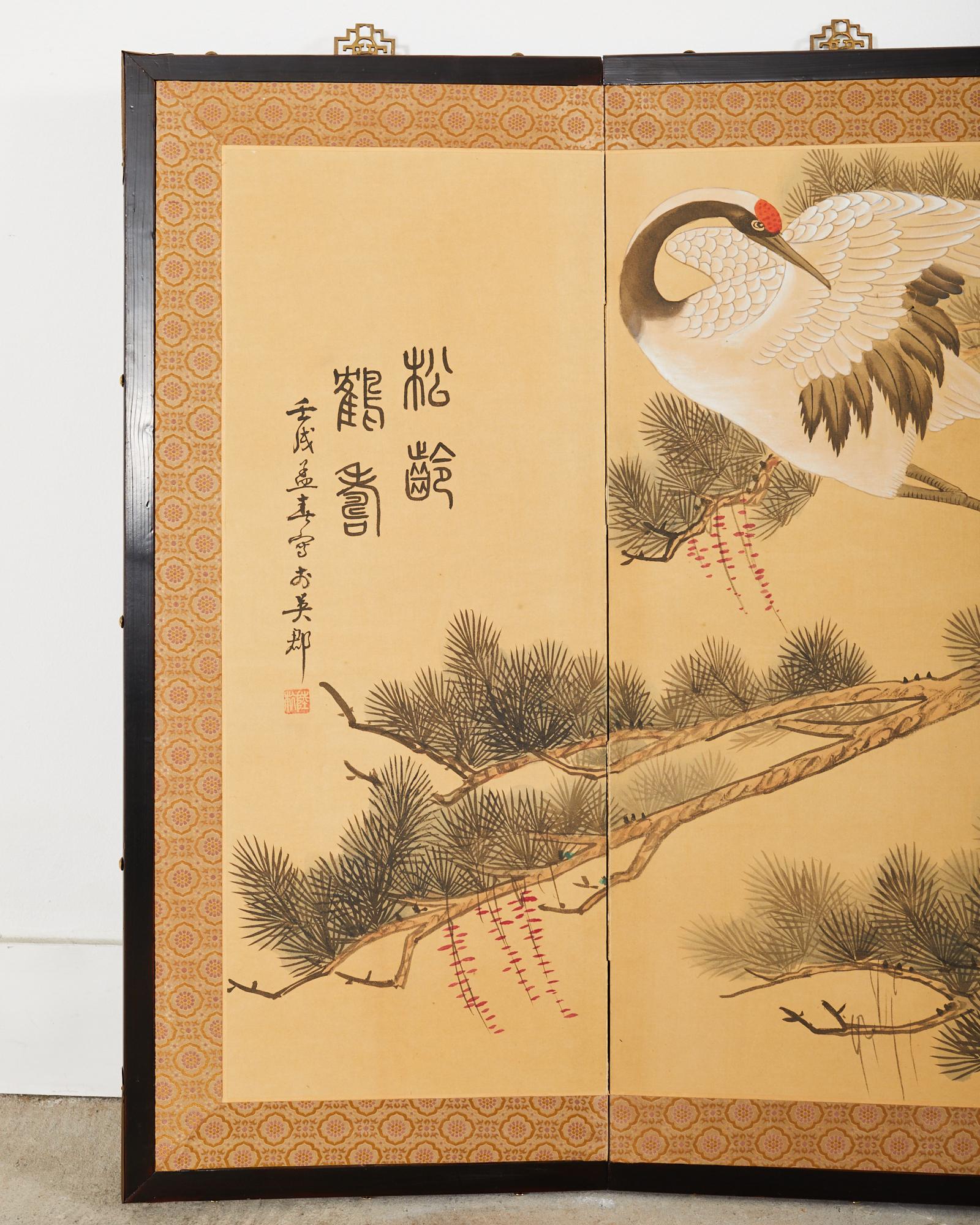 Exportation chinoise Paravent à quatre panneaux de style japonais Grues de Mandchourie en pin en vente