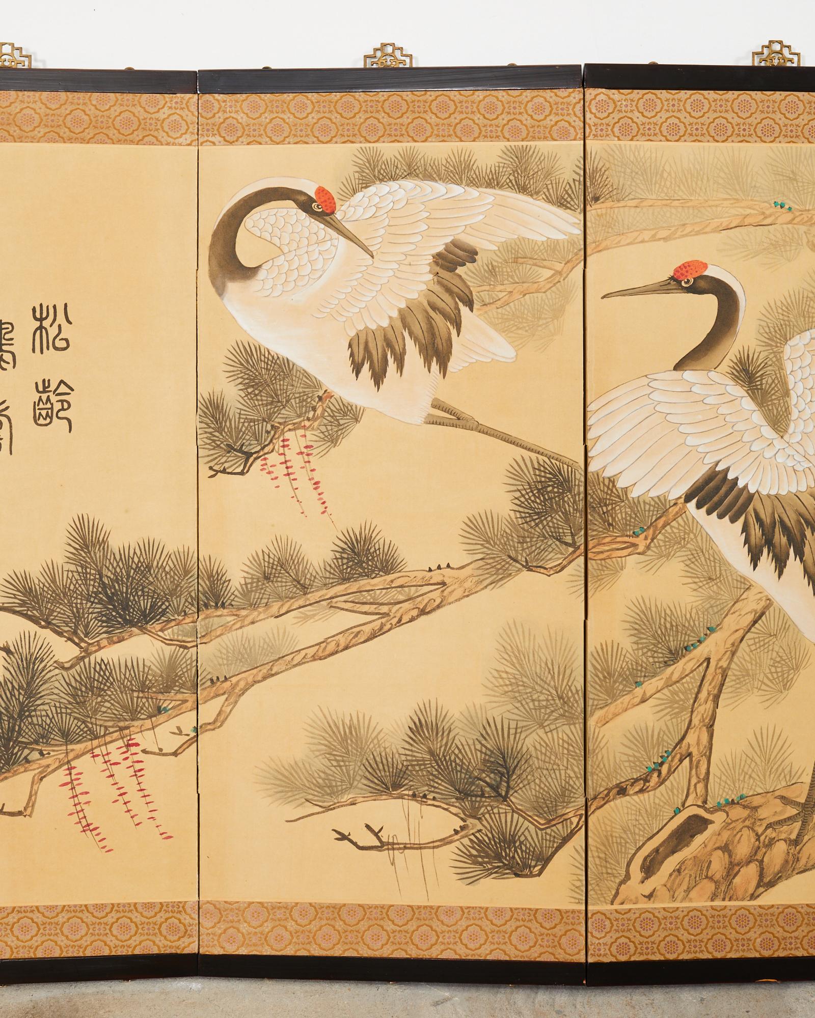 Chinese Export Japanese Style Four Panel Screen Manchurian Cranes in Pine