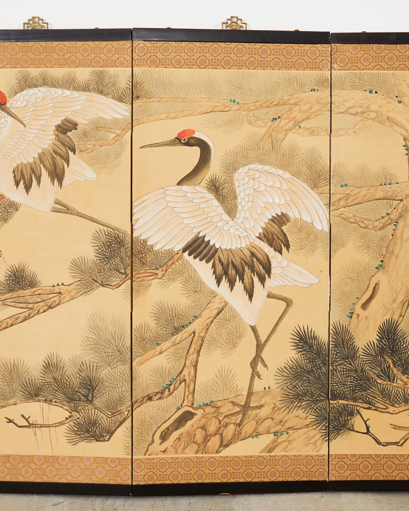 Fait main Paravent à quatre panneaux de style japonais Grues de Mandchourie en pin en vente
