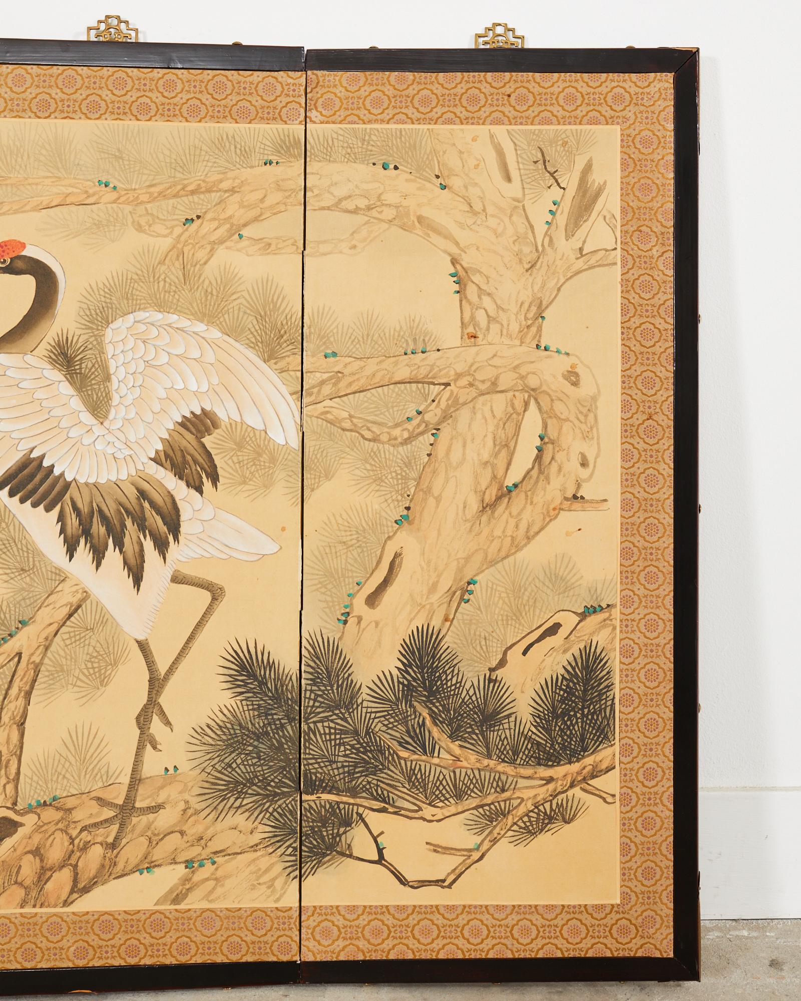 Hand-Crafted Japanese Style Four Panel Screen Manchurian Cranes in Pine