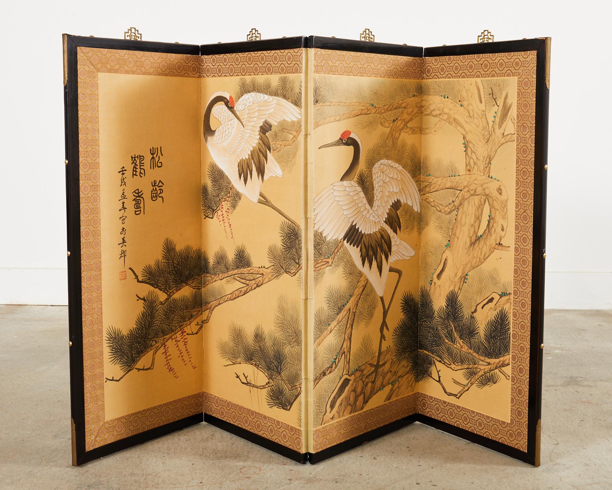 Japanese Style Four Panel Screen Manchurian Cranes in Pine In Good Condition In Rio Vista, CA