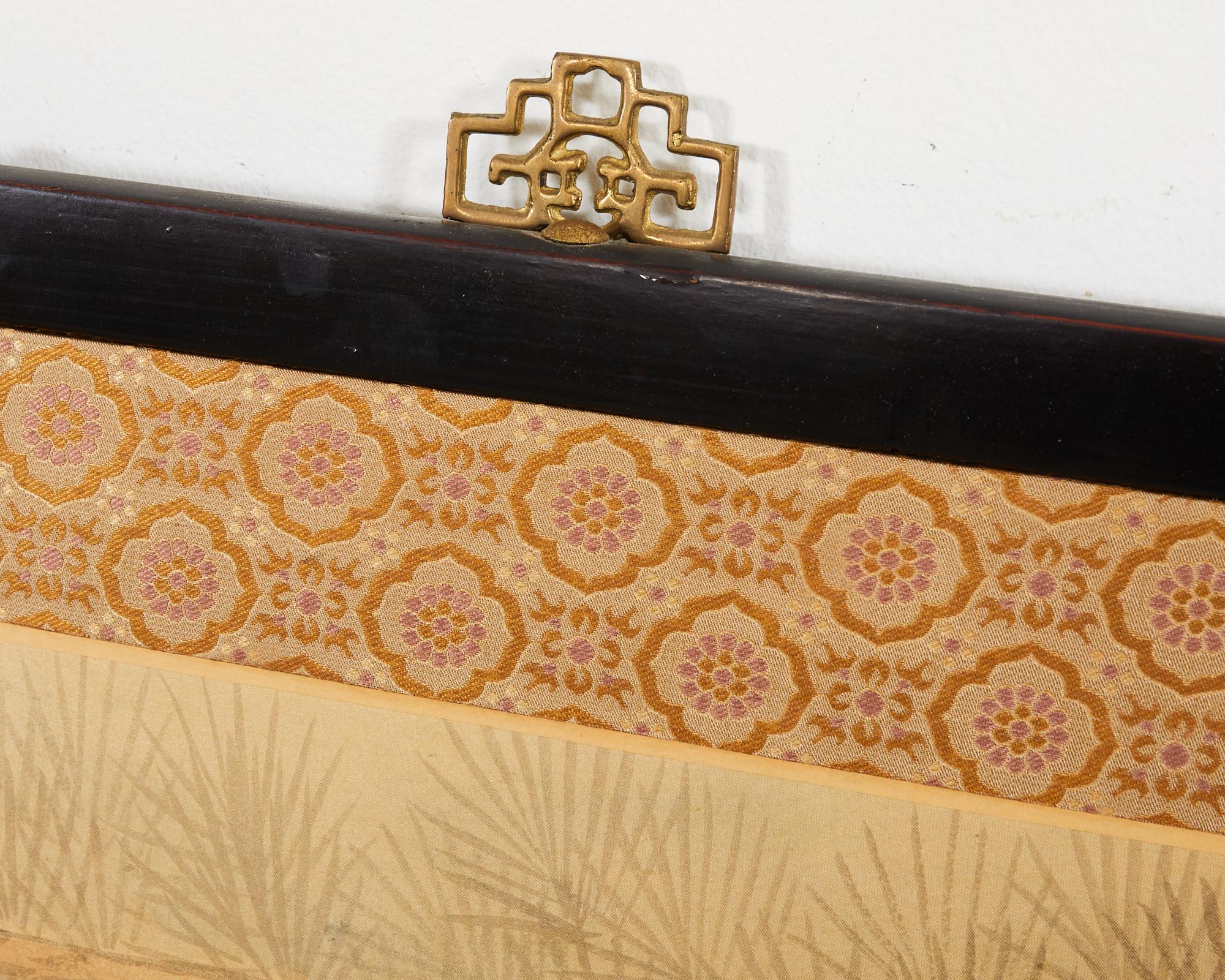 Laiton Paravent à quatre panneaux de style japonais Grues de Mandchourie en pin en vente