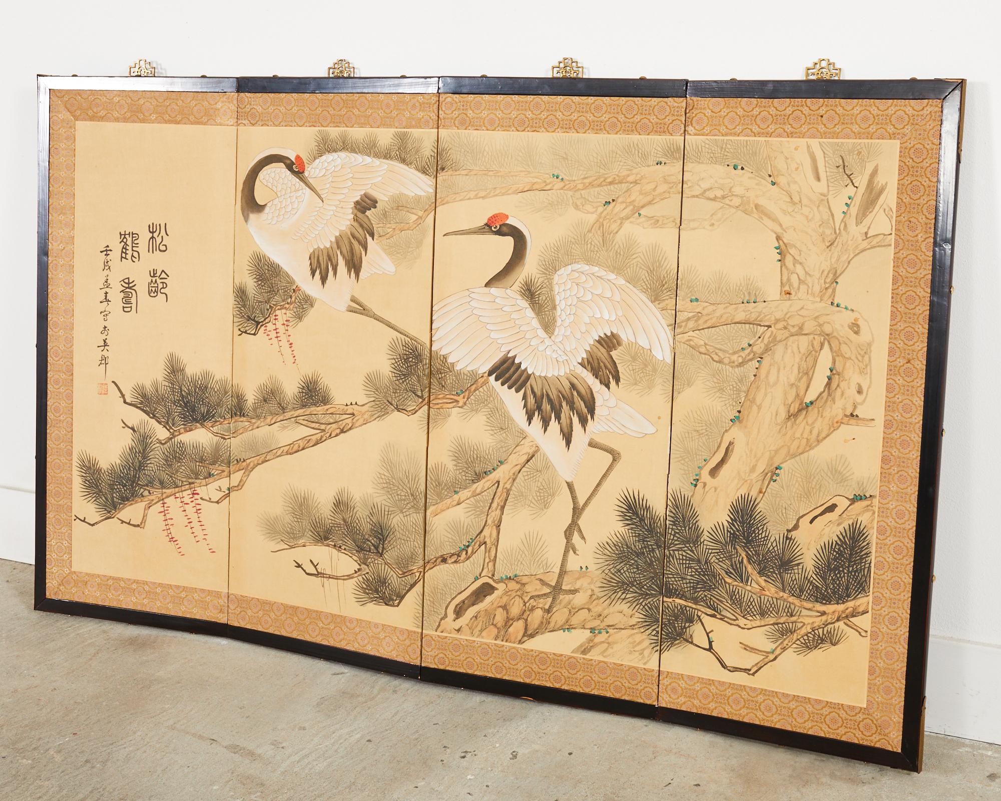 Brass Japanese Style Four Panel Screen Manchurian Cranes in Pine