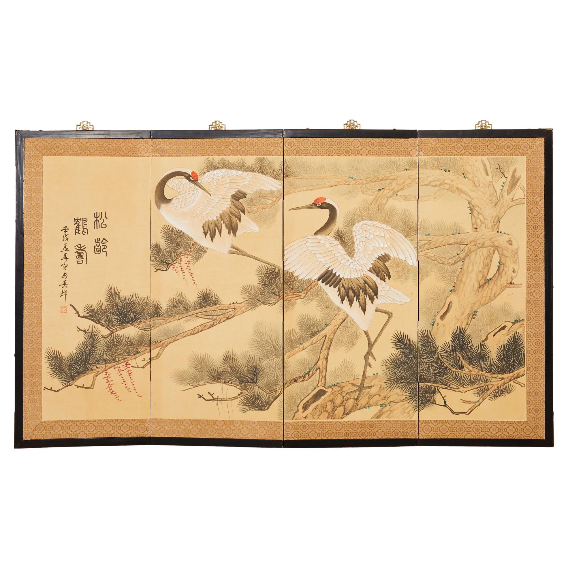 Japanese Style Four Panel Screen Manchurian Cranes in Pine For Sale