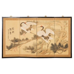 Antique Japanese Style Four Panel Screen Manchurian Cranes in Pine