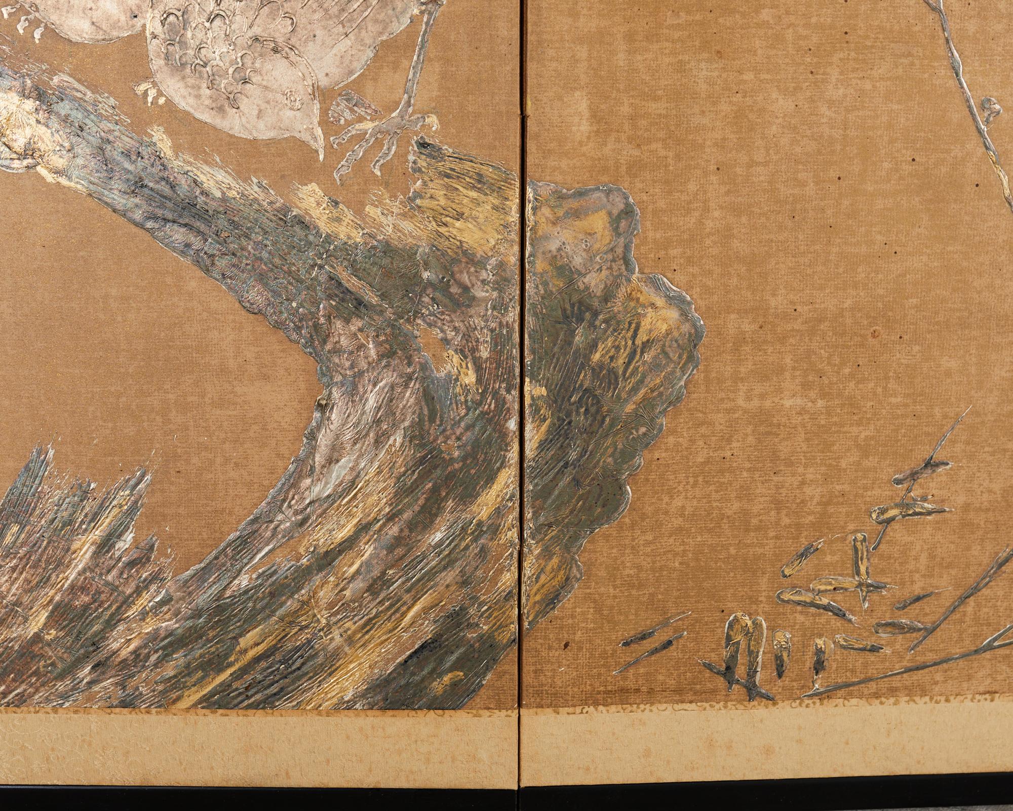 Japanese Style Four Panel Screen Pheasants on Prunus Tree For Sale 3