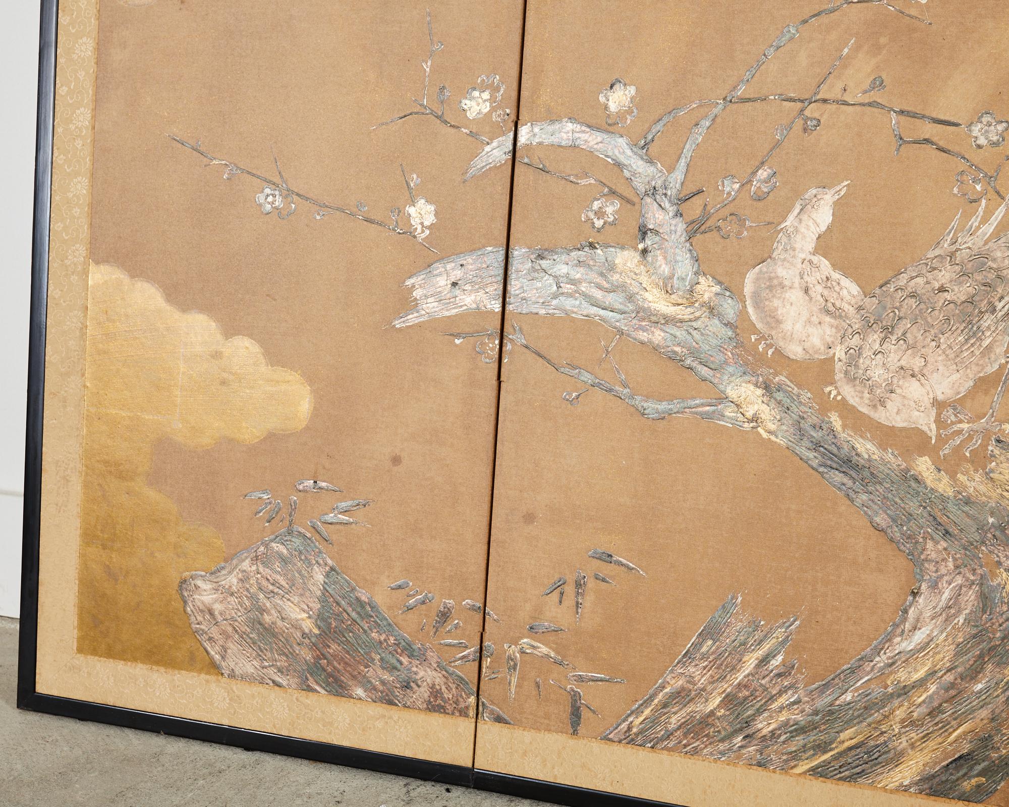 Japanese Style Four Panel Screen Pheasants on Prunus Tree For Sale 4