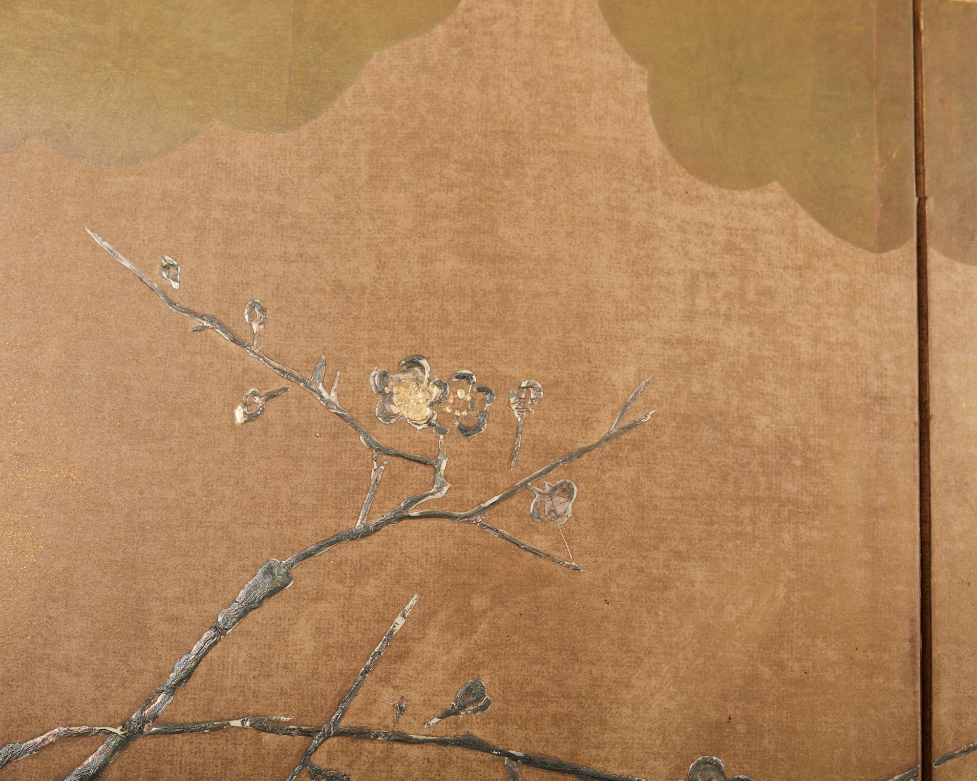 Japanese Style Four Panel Screen Pheasants on Prunus Tree For Sale 6