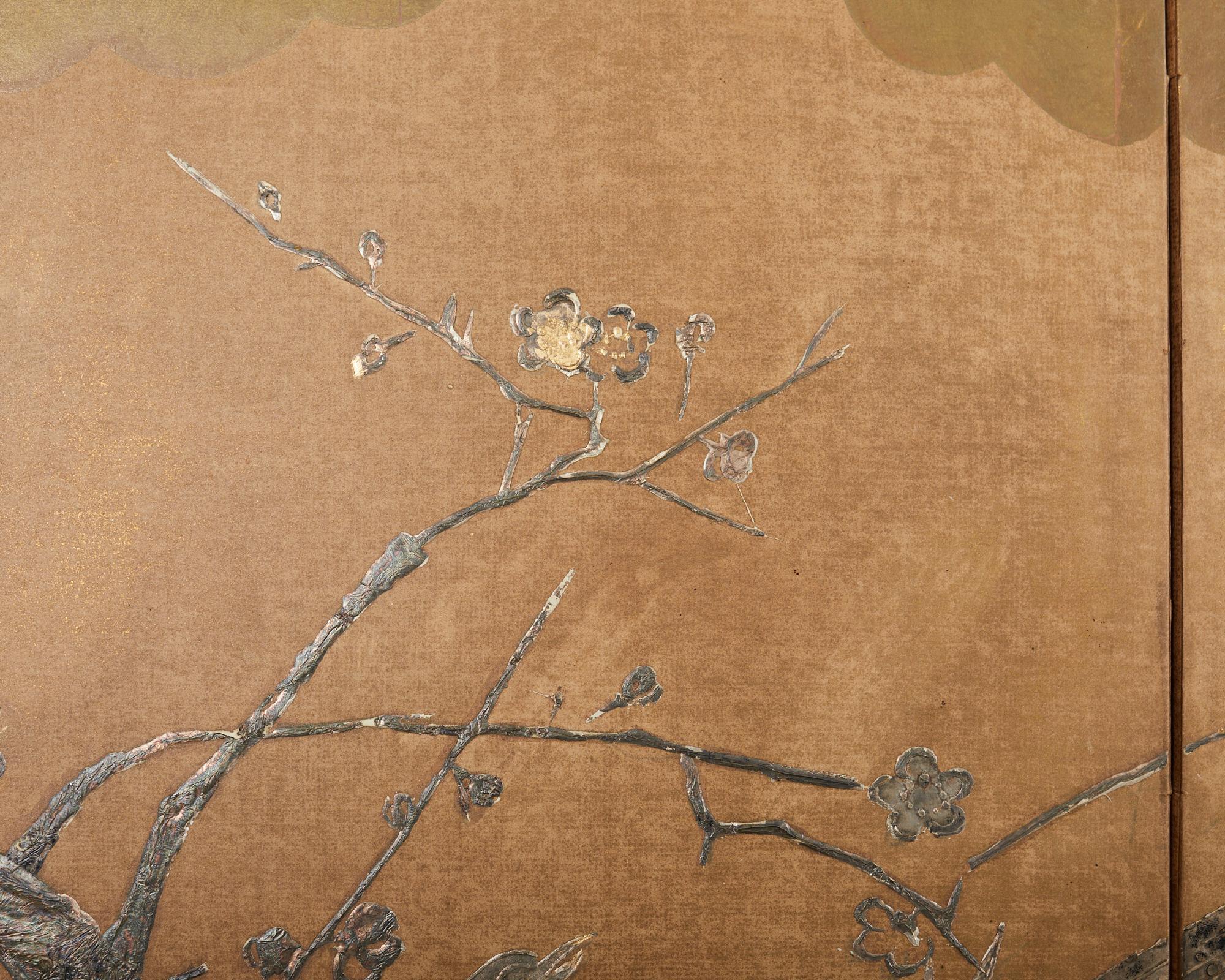 Japanese Style Four Panel Screen Pheasants on Prunus Tree For Sale 8