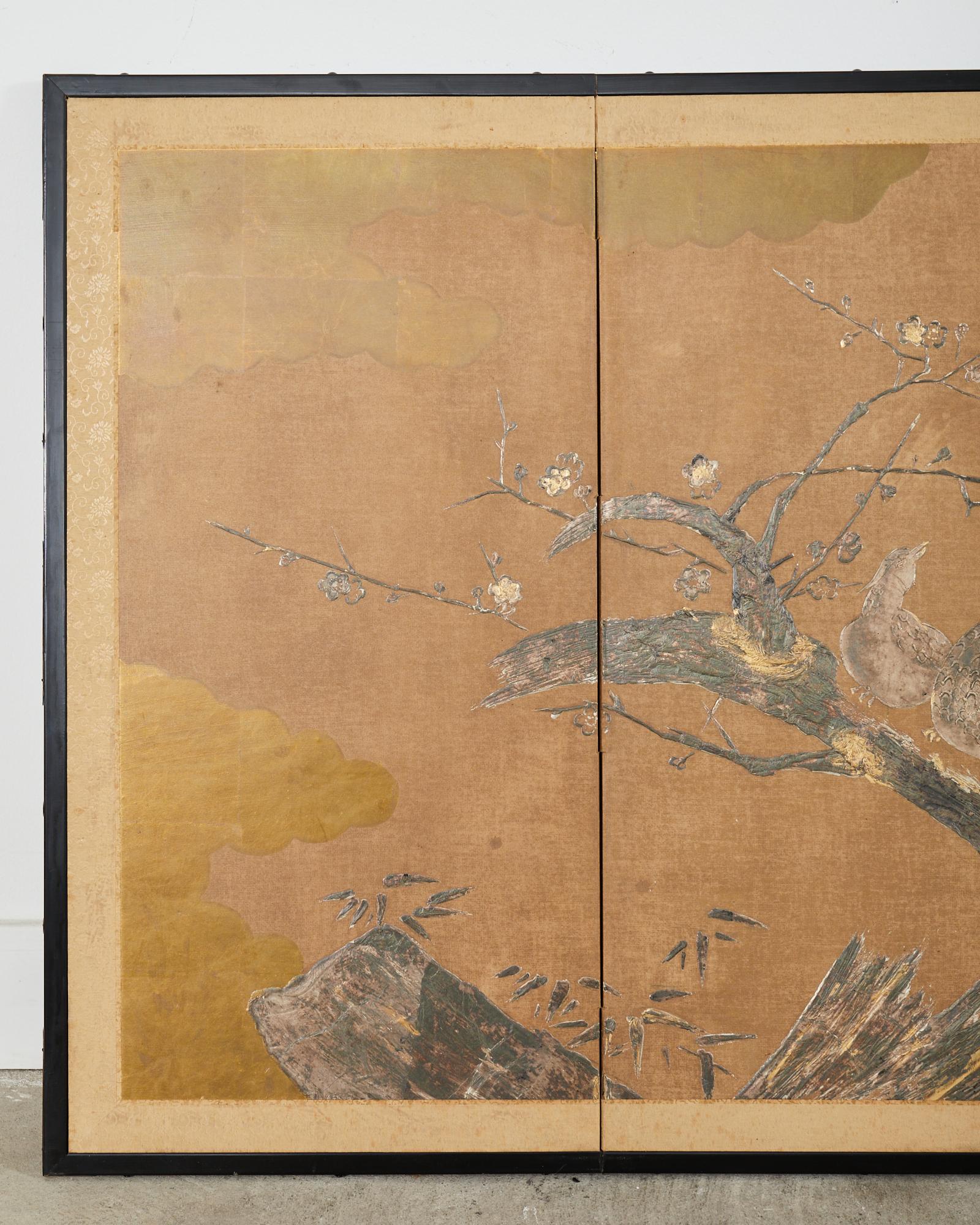 Hand-Crafted Japanese Style Four Panel Screen Pheasants on Prunus Tree For Sale